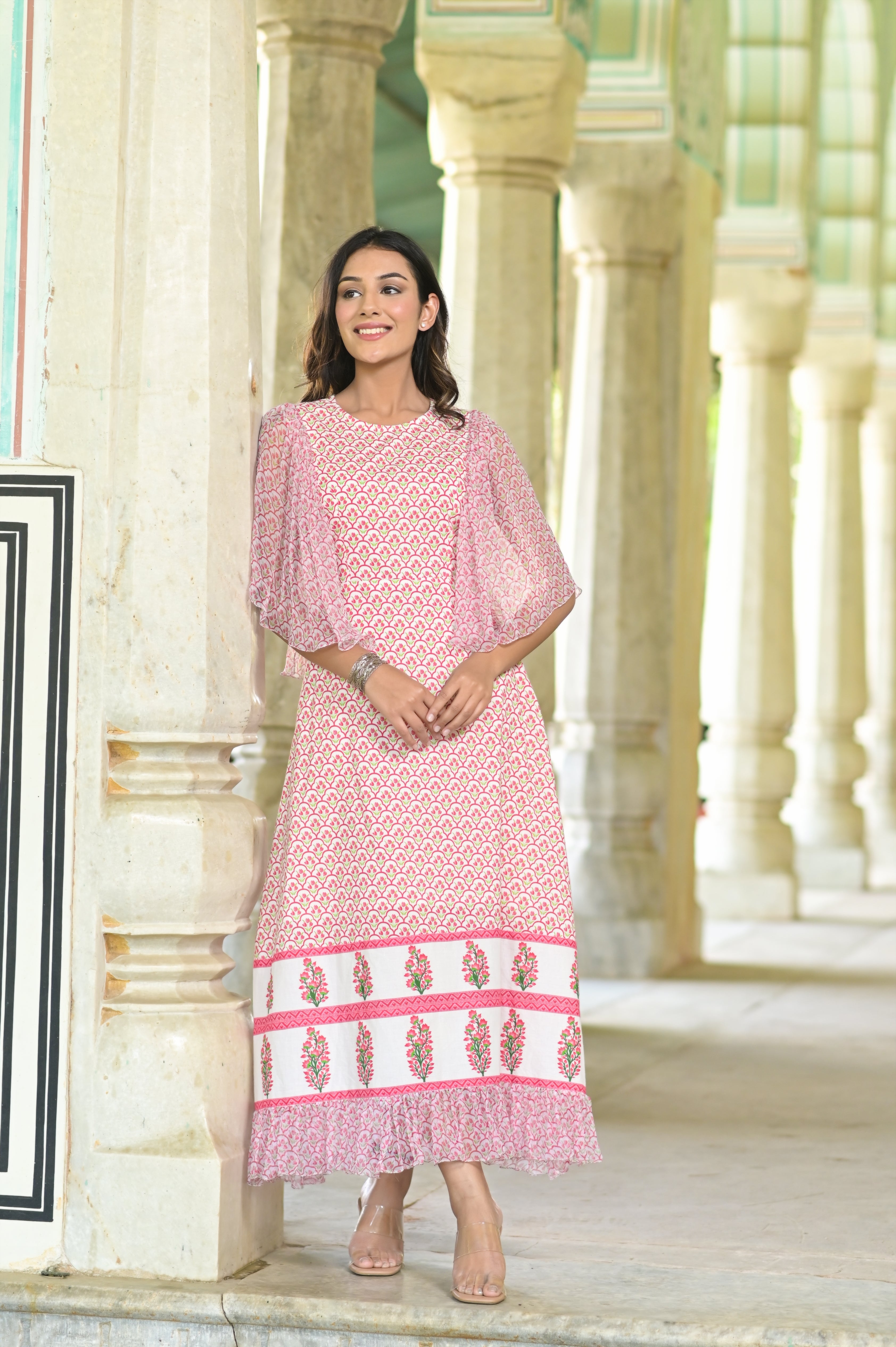 Jharokha Chiffon Sleeves Printed Cotton Frill Dress