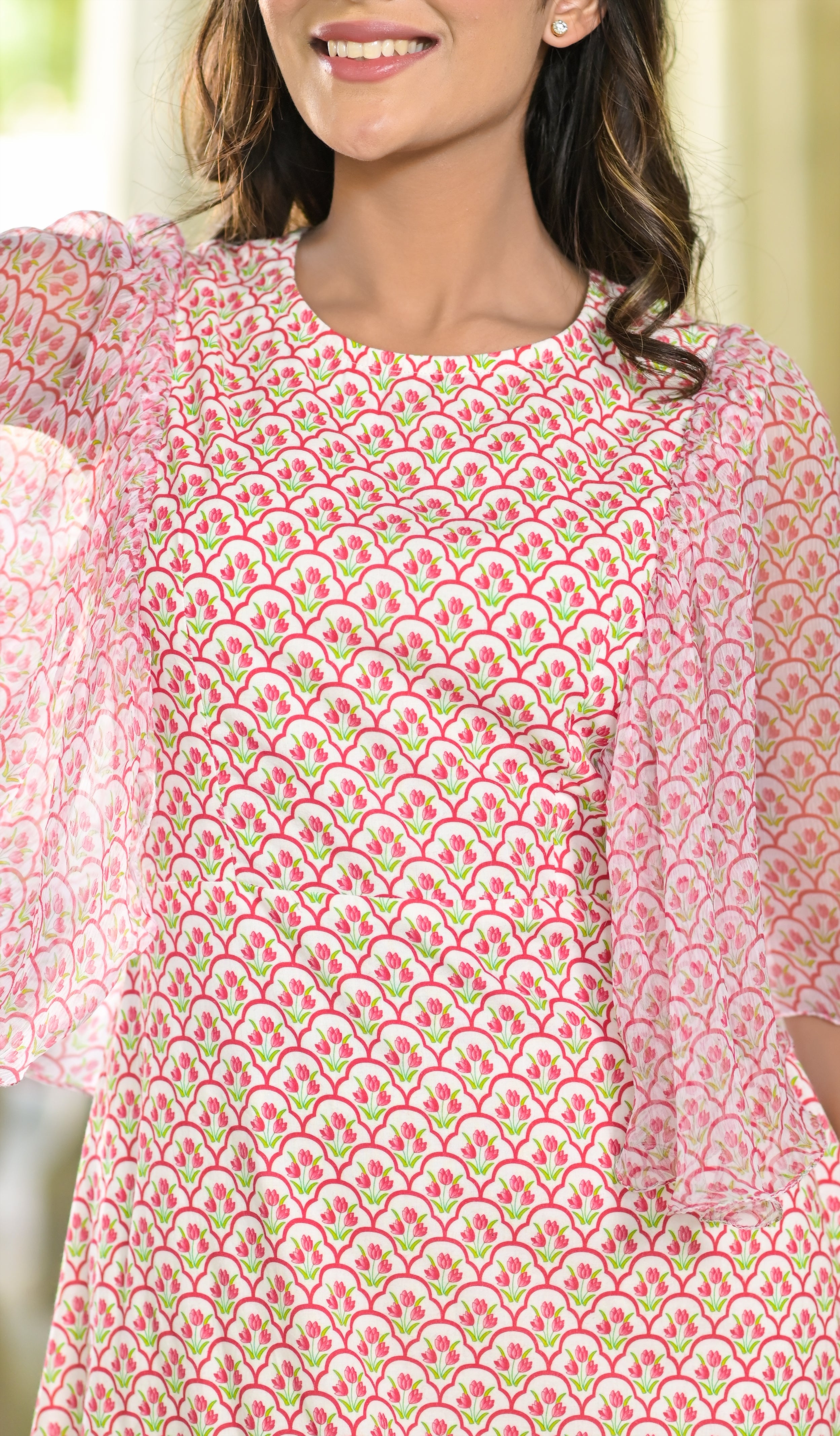 Jharokha Chiffon Sleeves Printed Cotton Frill Dress