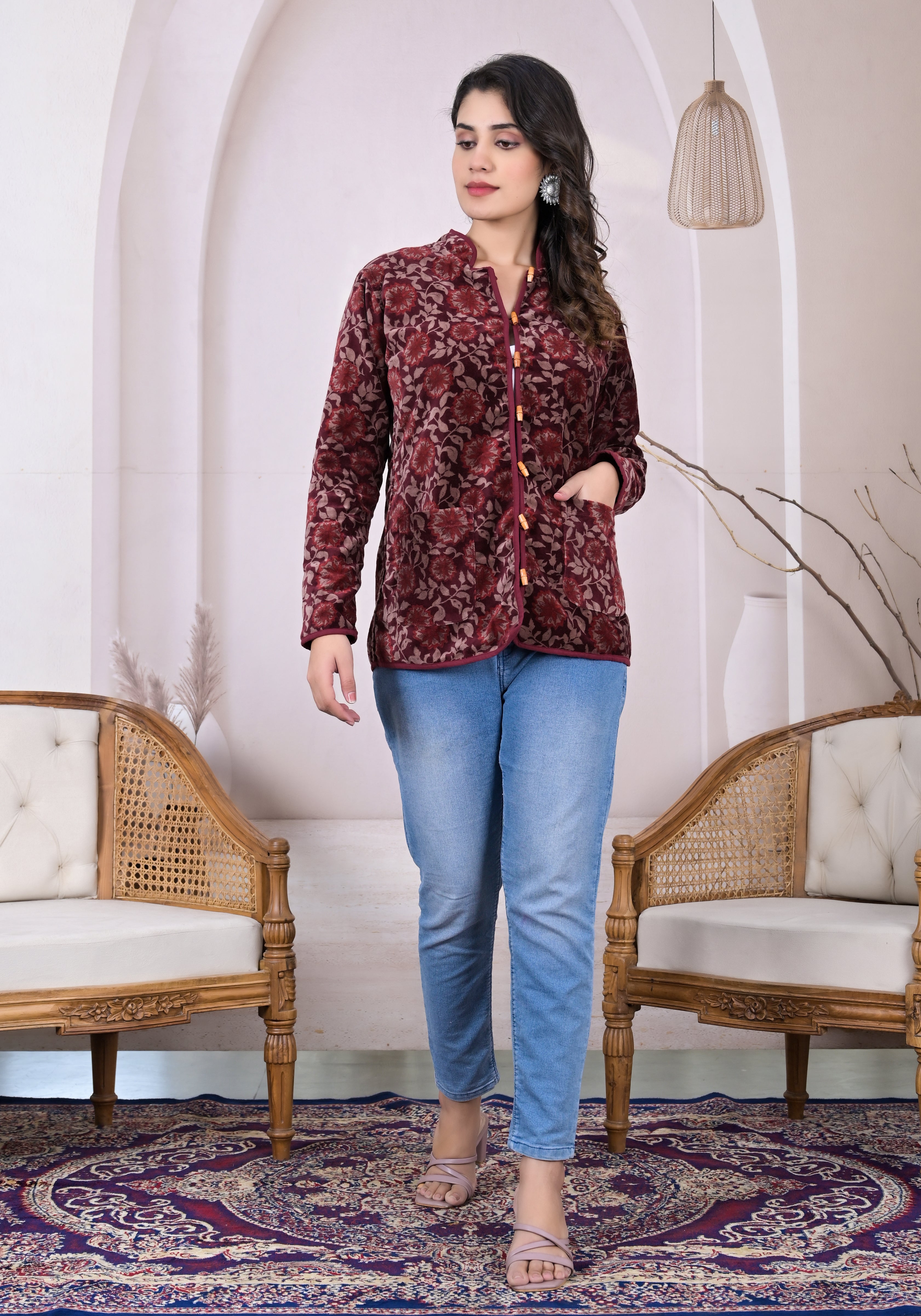 Rosy Velvet Full Sleeve Jacket