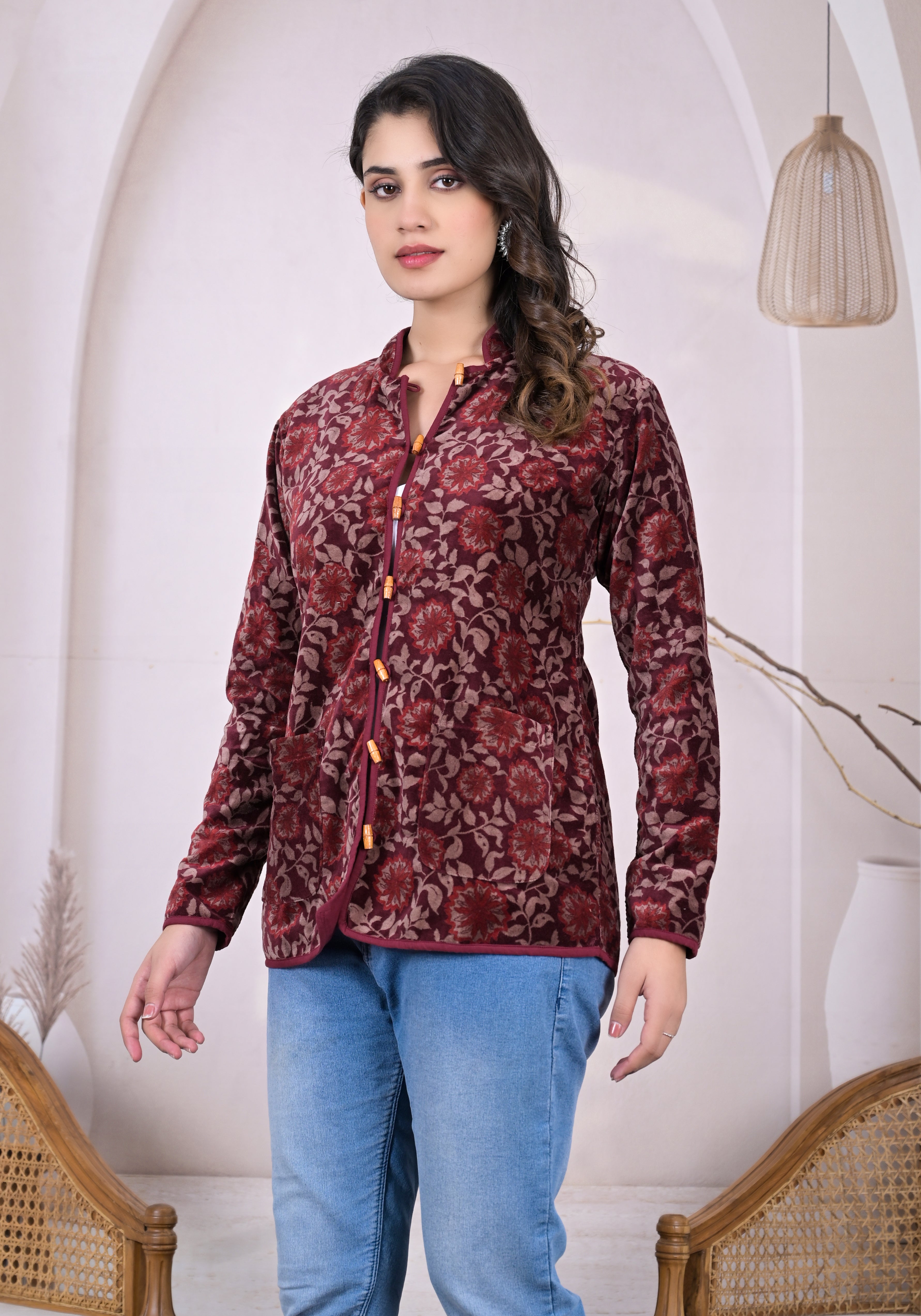 Rosy Velvet Full Sleeve Jacket