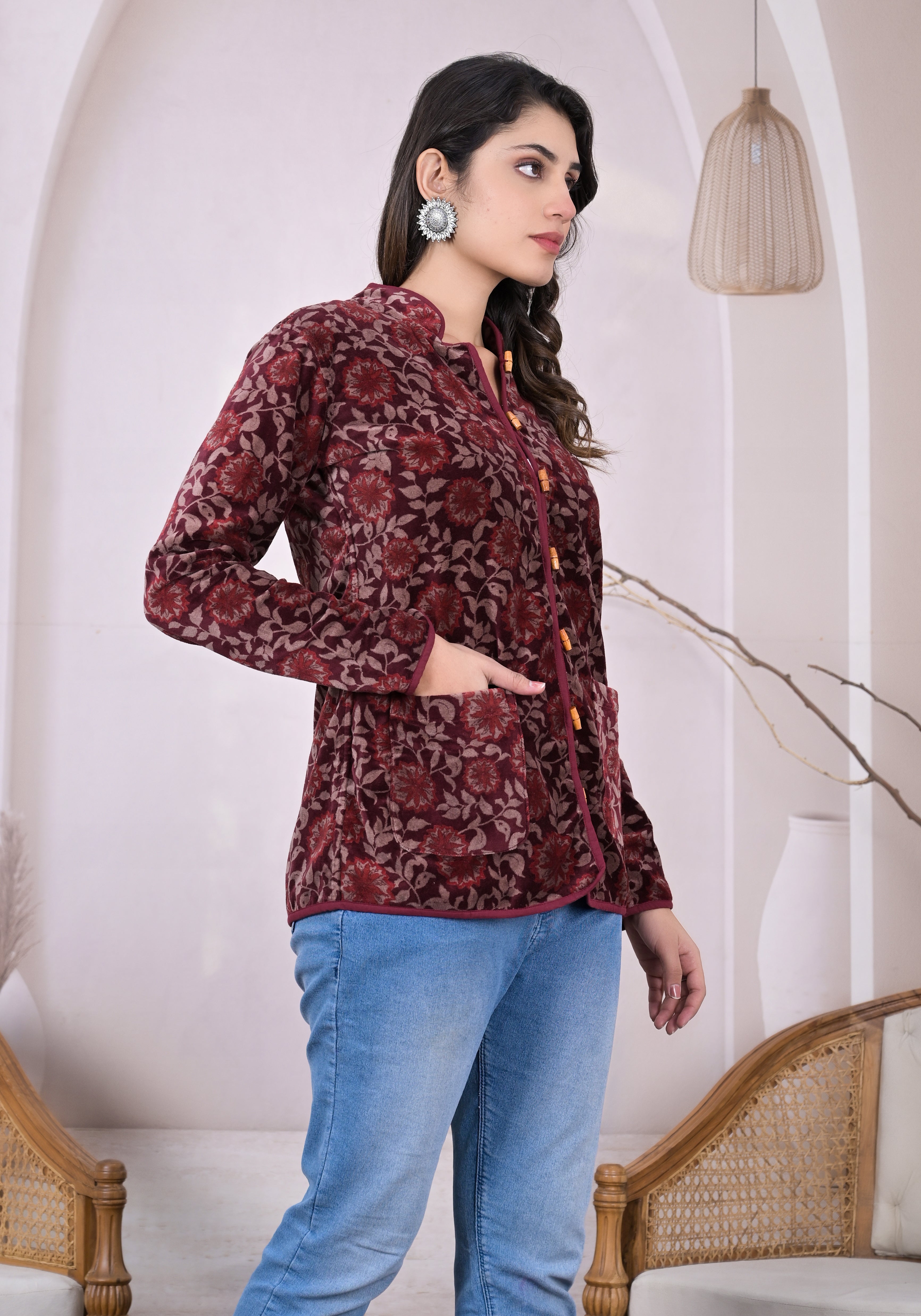 Rosy Velvet Full Sleeve Jacket