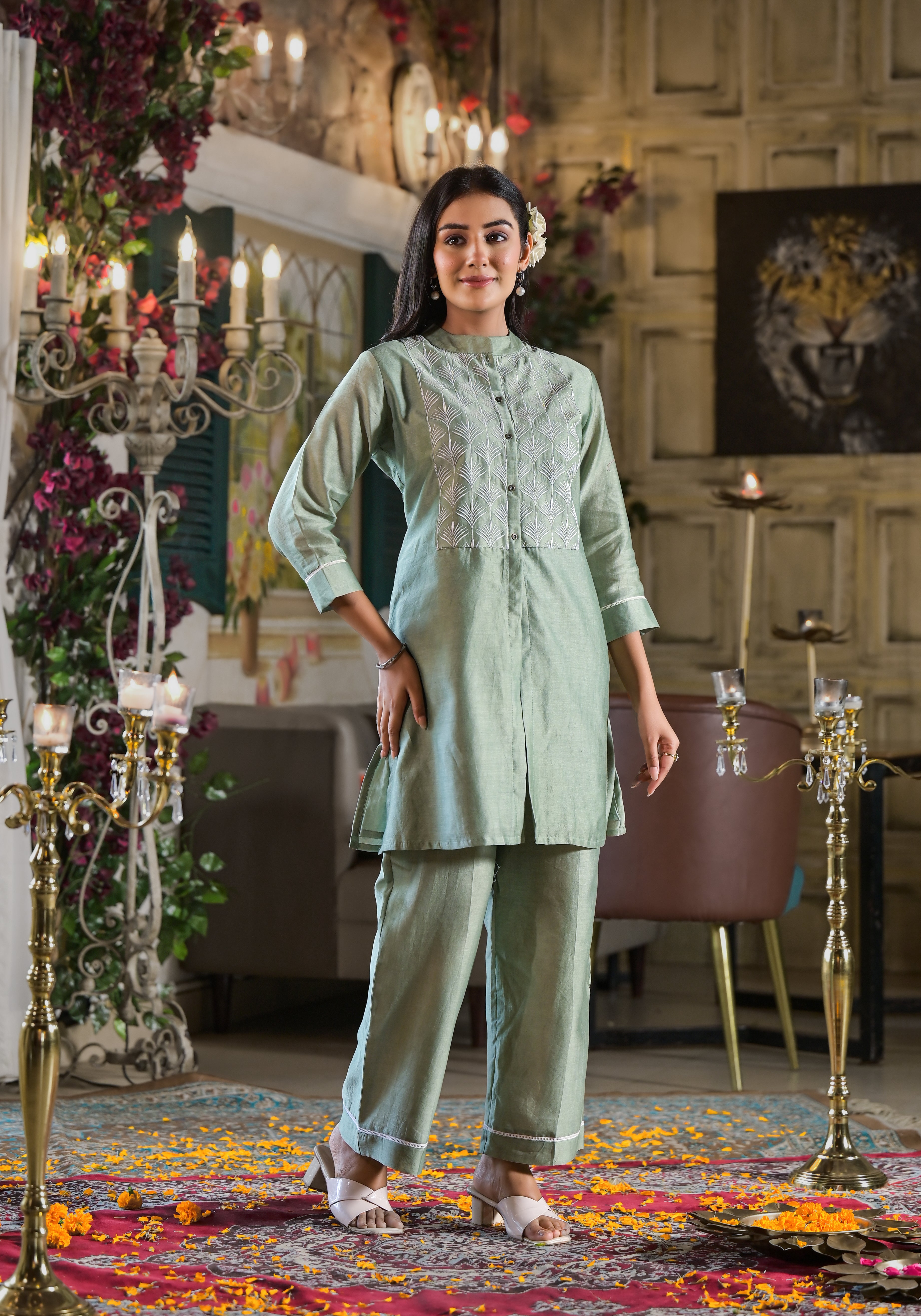 Grey Chanderi Embroidered Co-Ord Set-3pcs