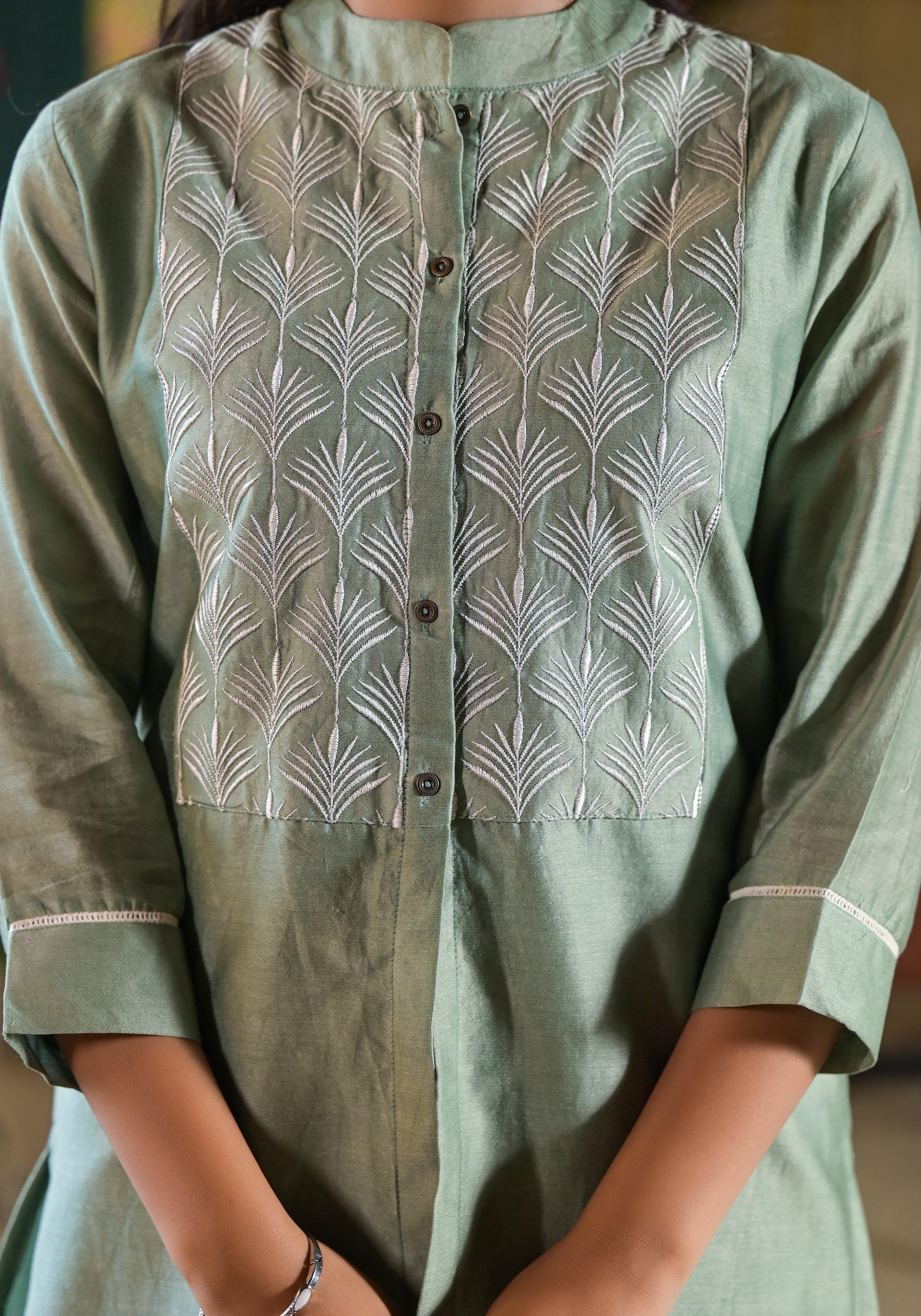 Grey Chanderi Embroidered Co-Ord Set-3pcs