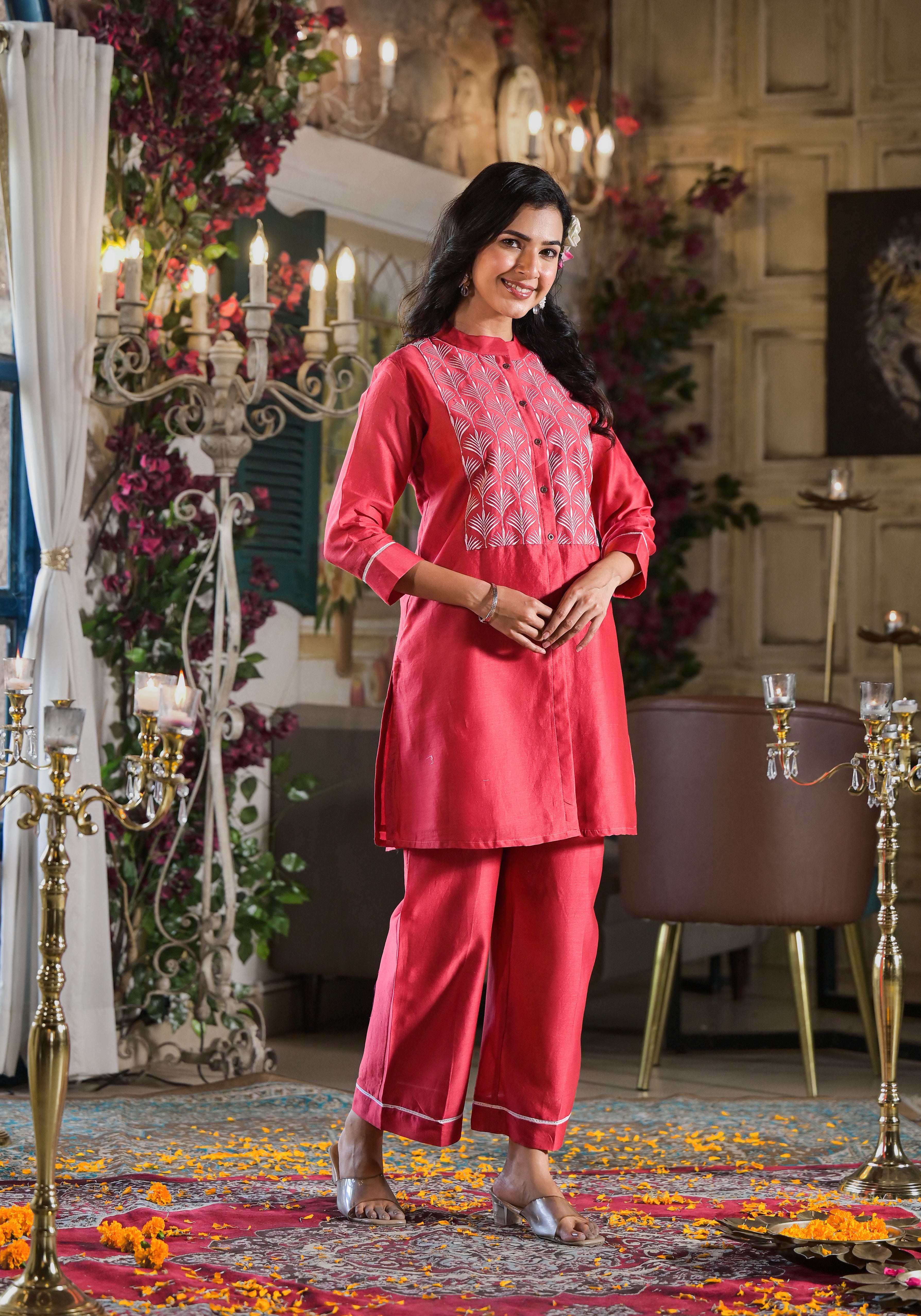 Red Chanderi embroidered Co-Ord set-2pcs