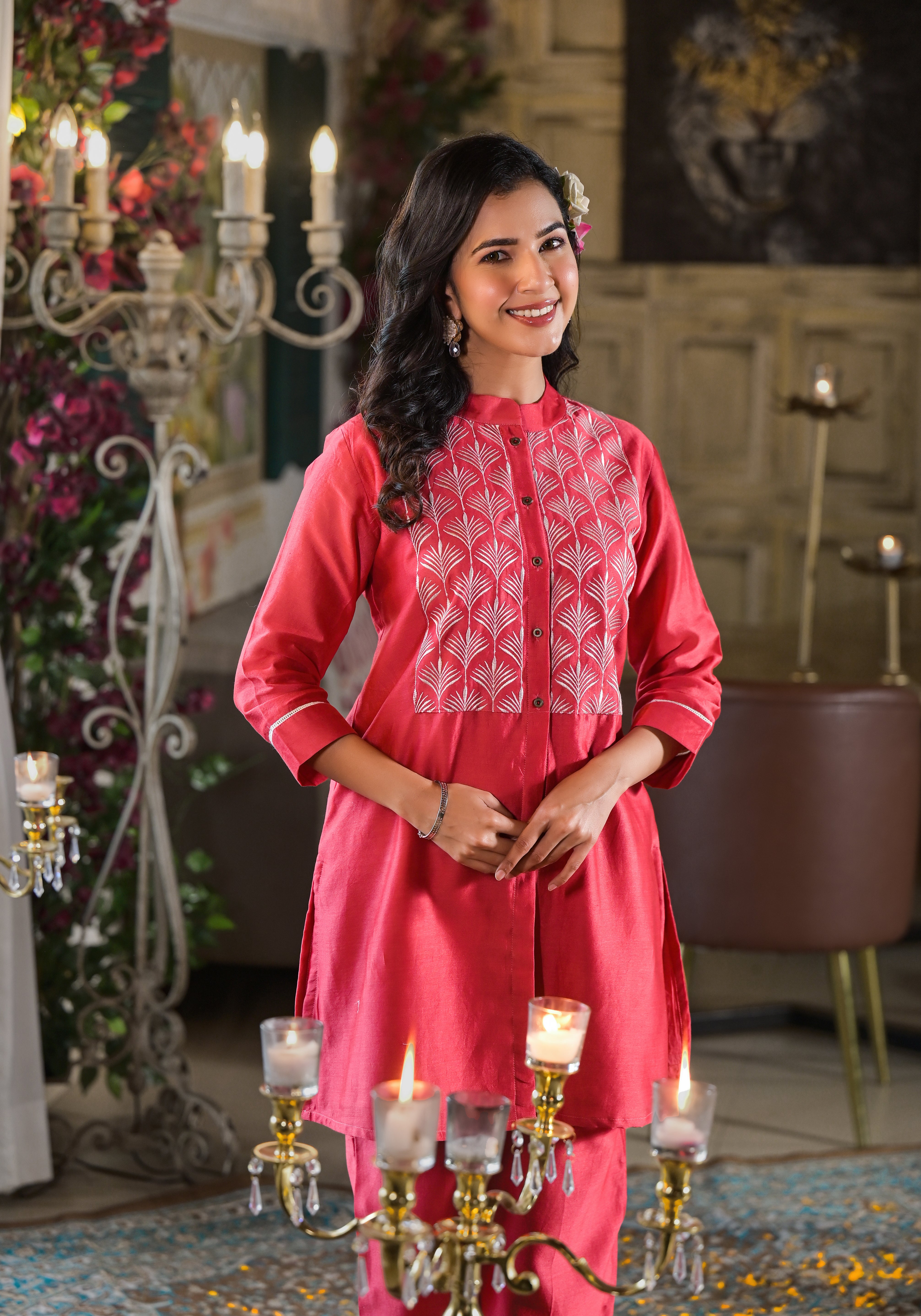 Red Chanderi embroidered Co-Ord set-2pcs