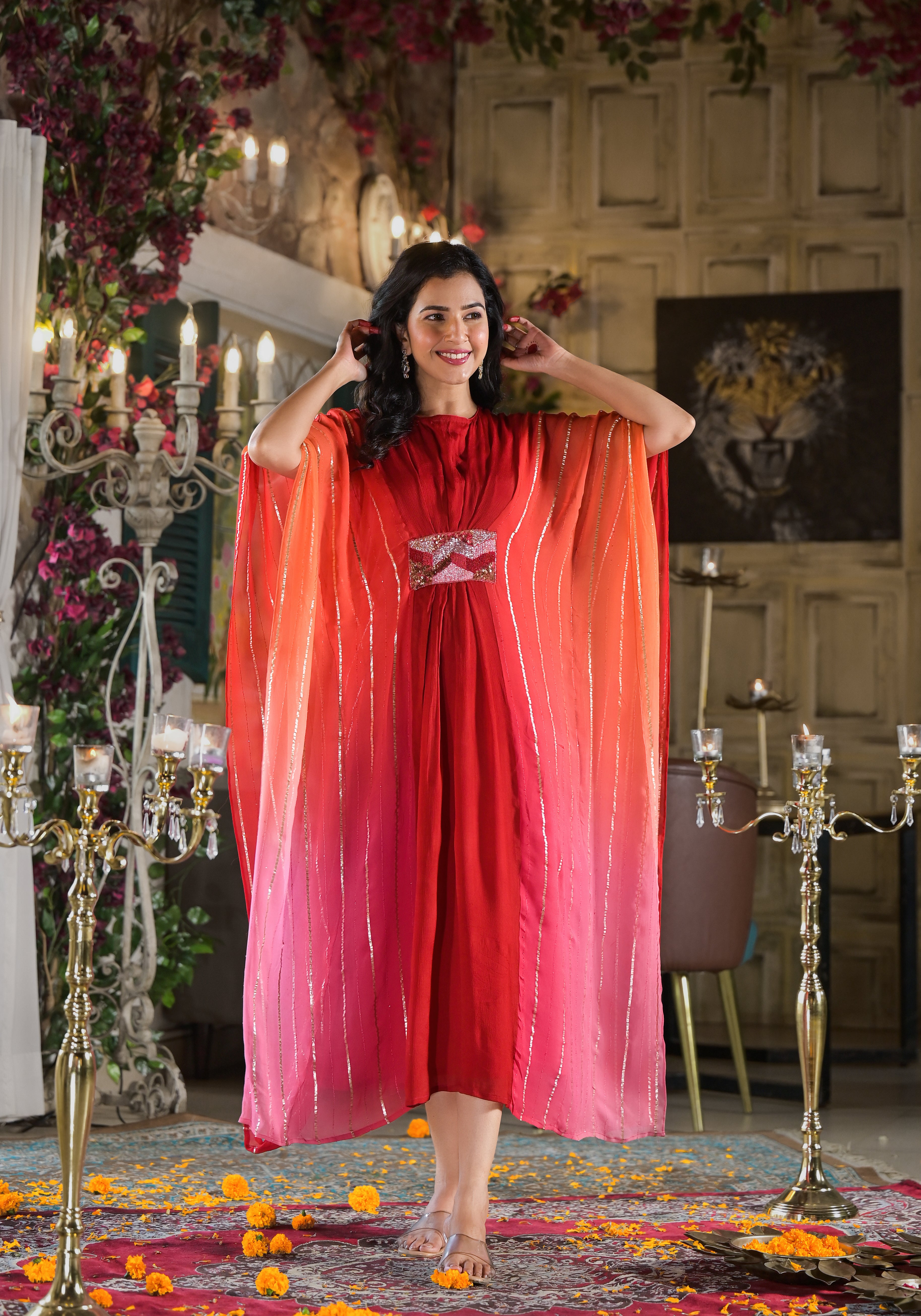 Karwachauth special Chinnon Kaftan Dress-2PCS