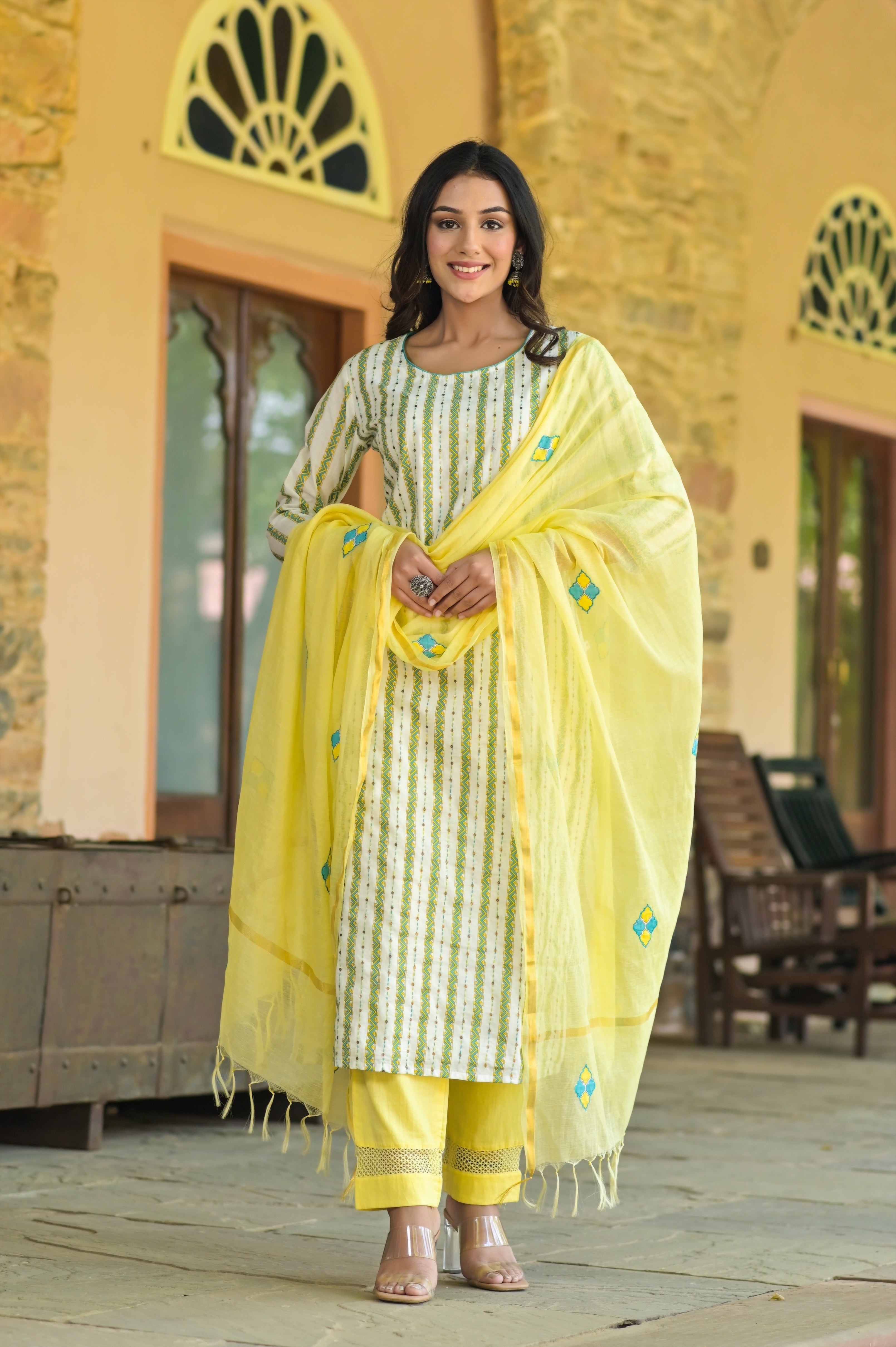 Yellow Aztec Kantha Kurta Set-3pcs
