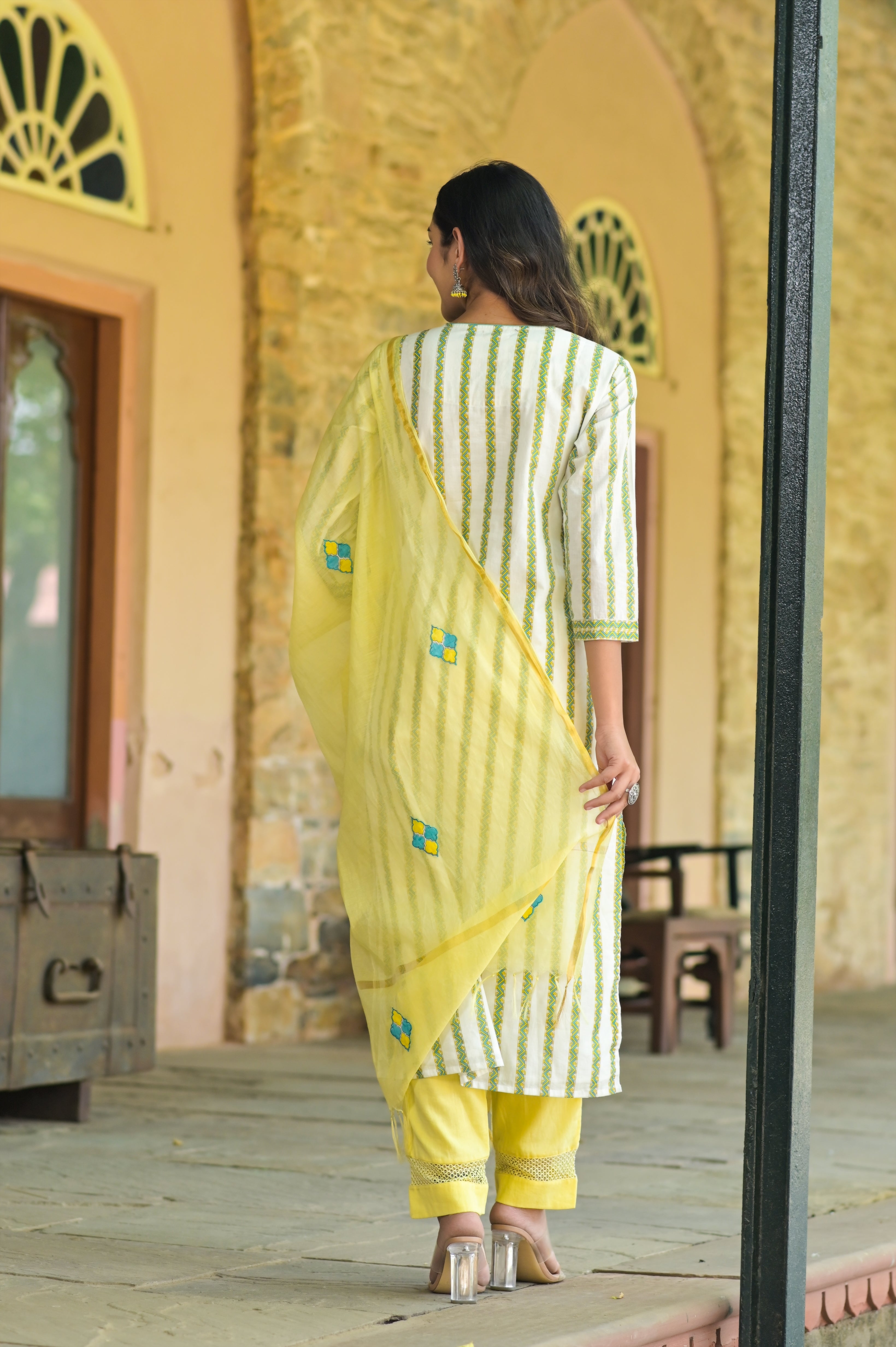 Yellow Aztec Kantha Kurta Set-3pcs