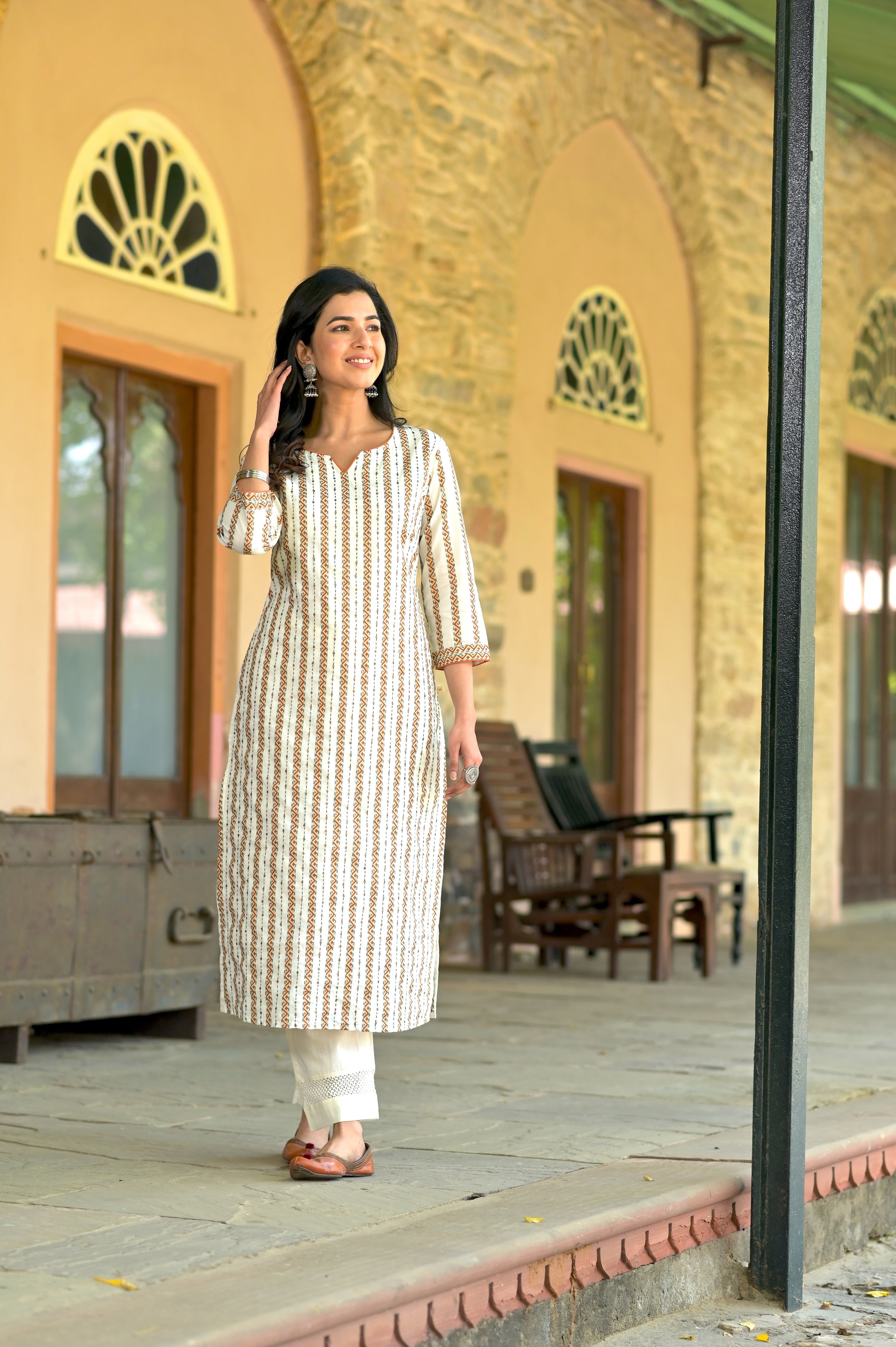 Rust Aztec Kantha Kurta set-2pcs