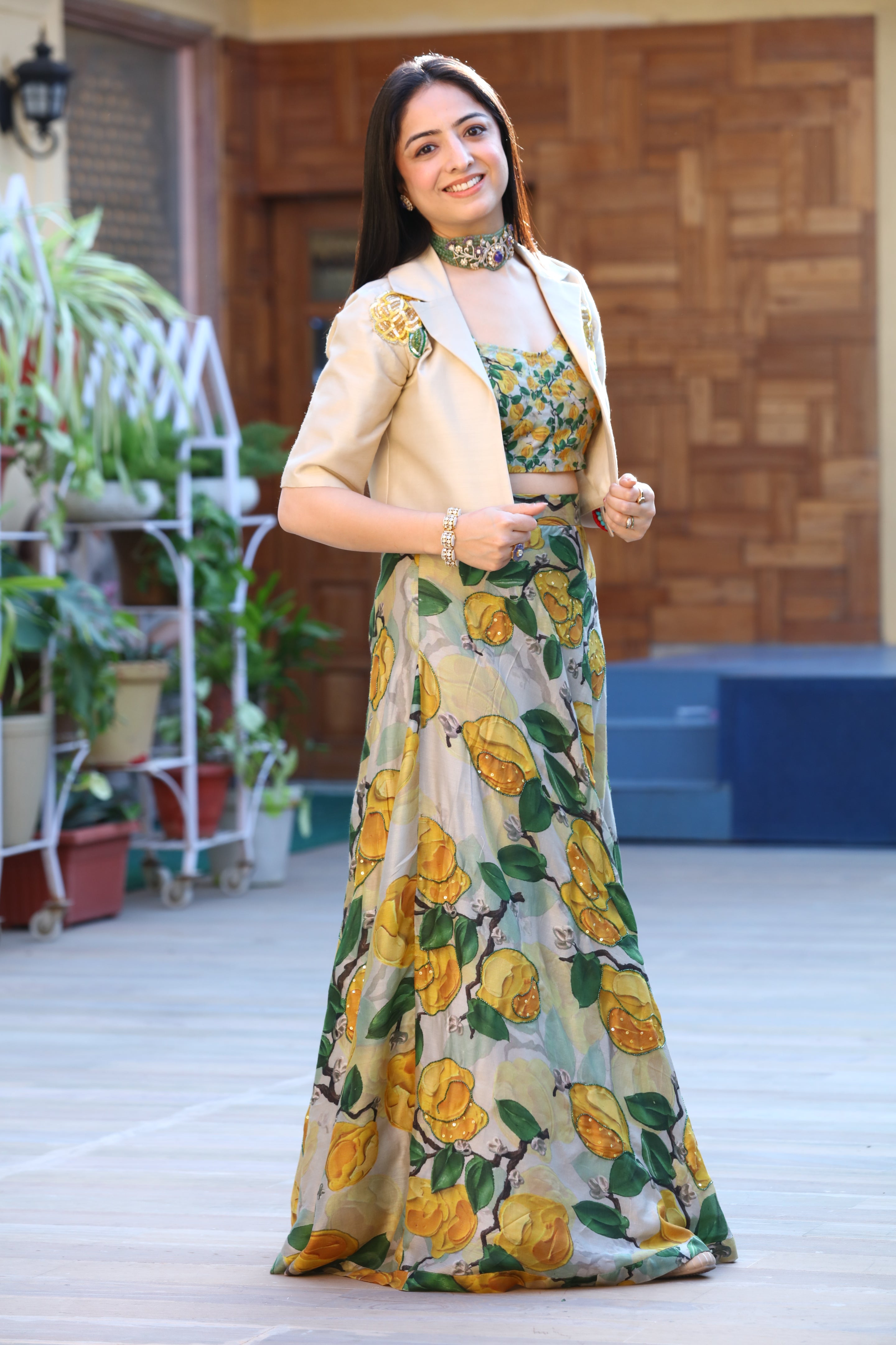 Embellished Jacket with Bustier and Skirt