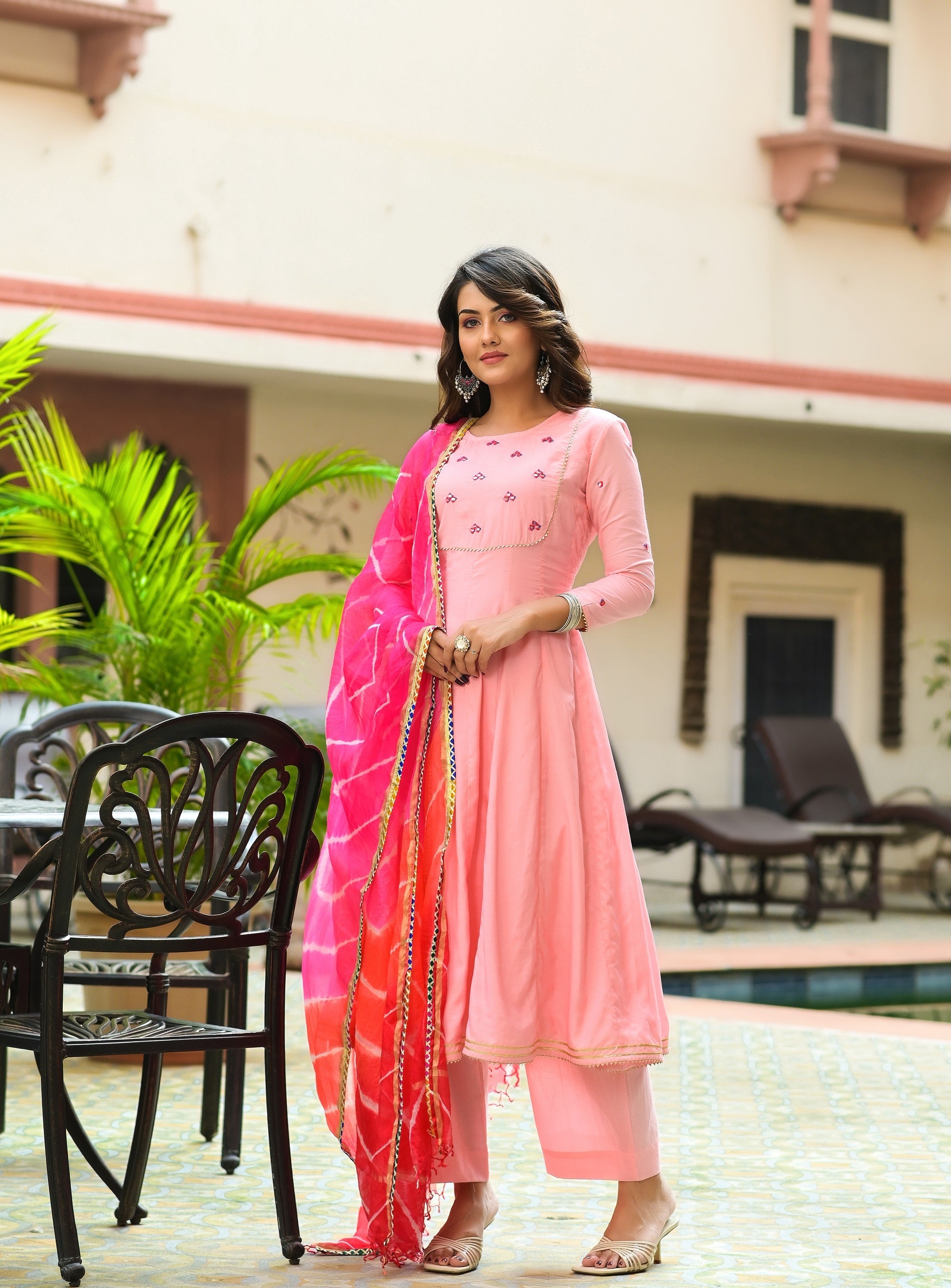 Pink Kalidar Embroidery Kurta Set-3pcs