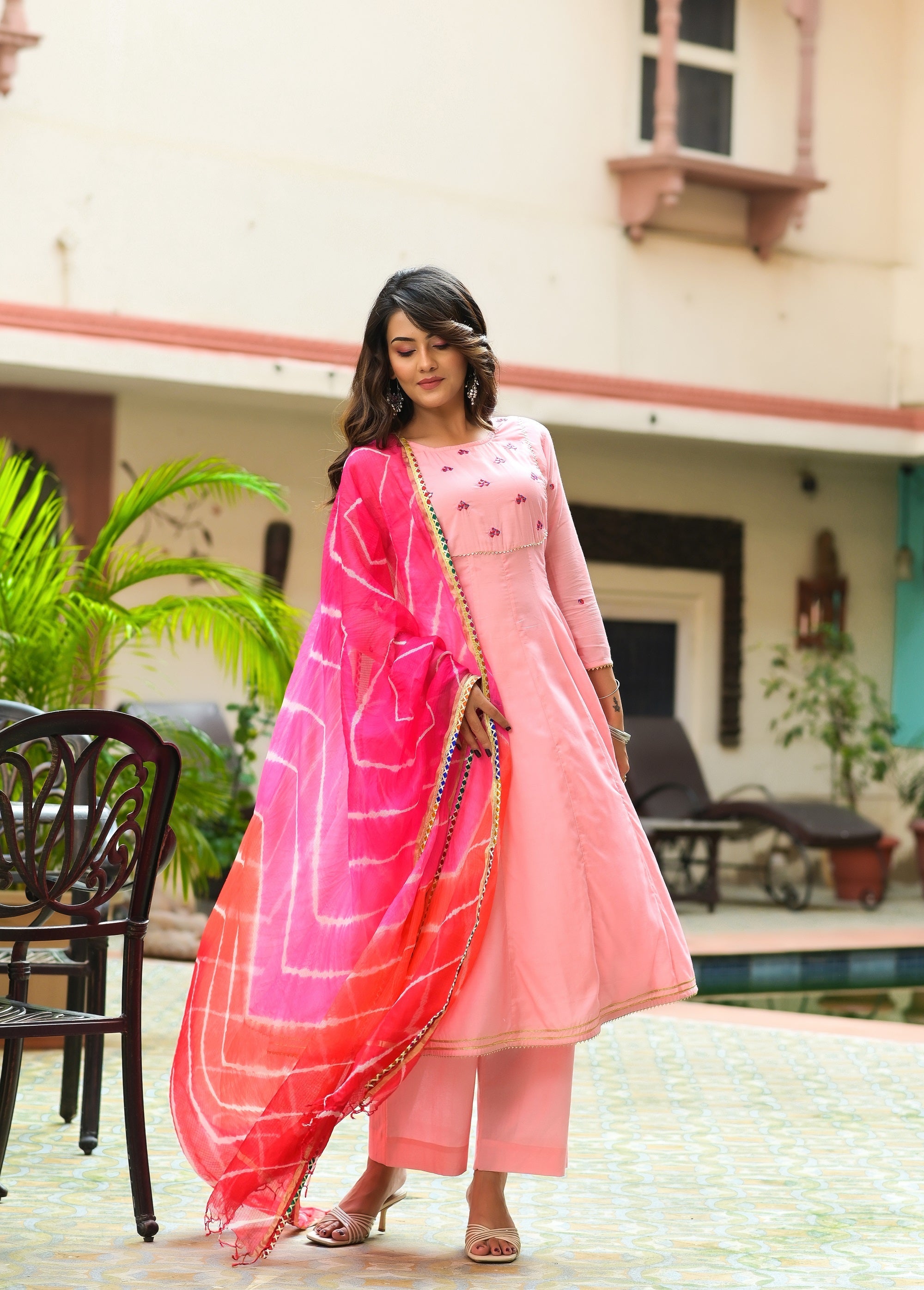 Pink Kalidar Embroidery Kurta Set-3pcs
