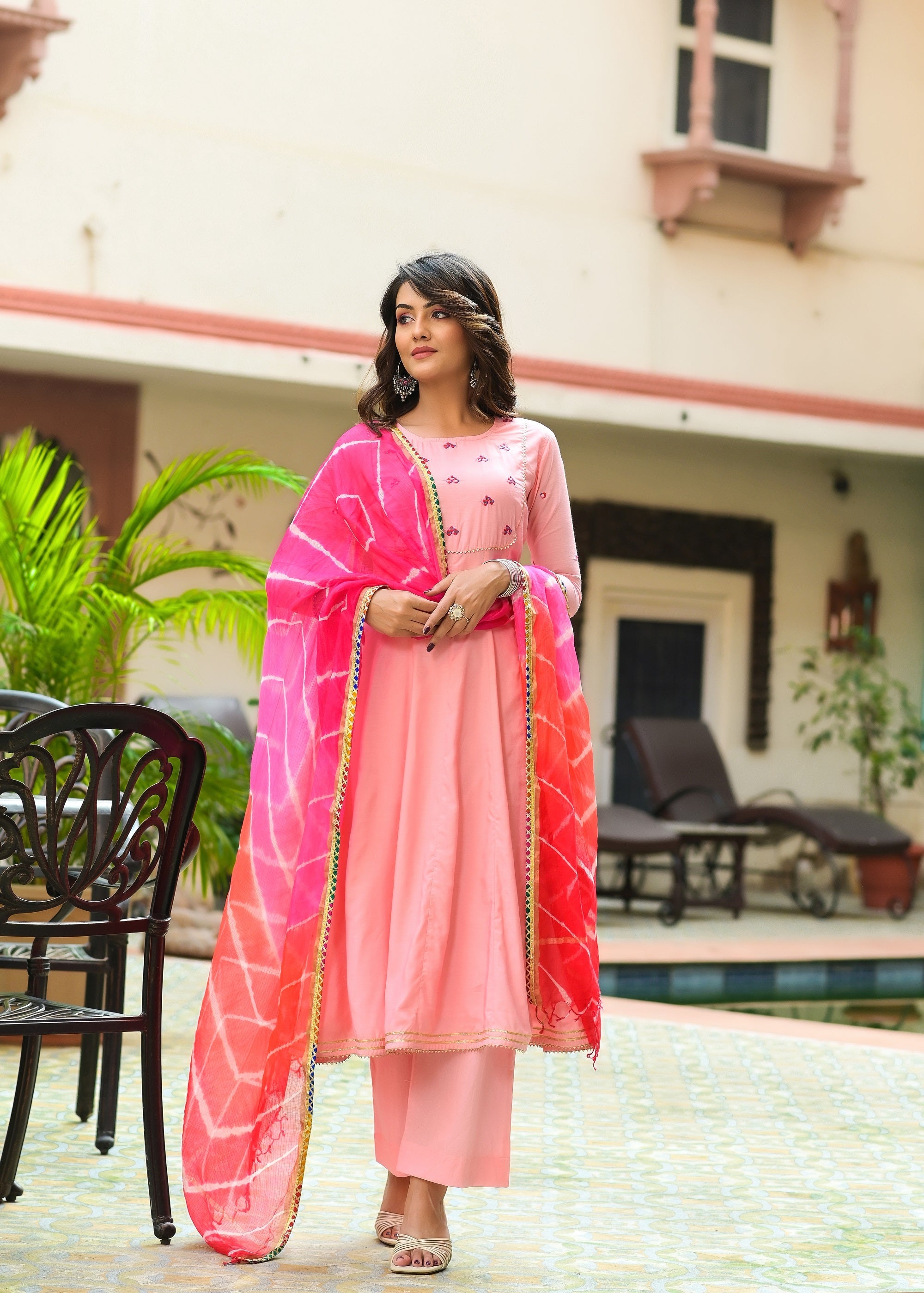 Pink Kalidar Embroidery Kurta Set-3pcs