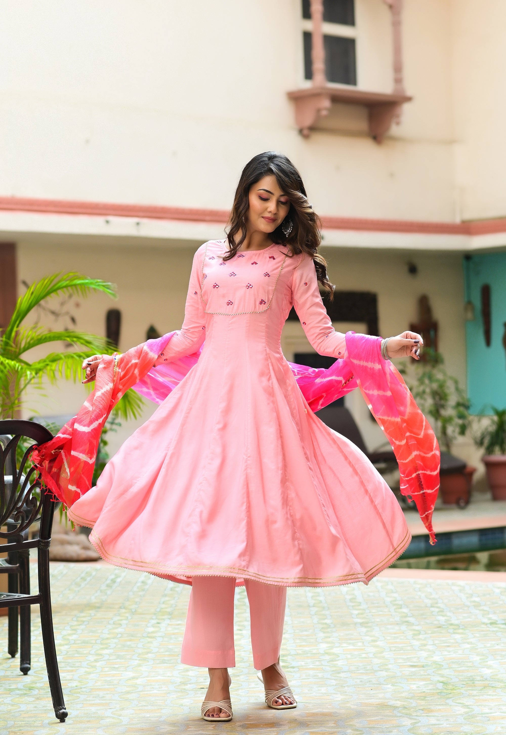 Pink Kalidar Embroidery Kurta Set-3pcs