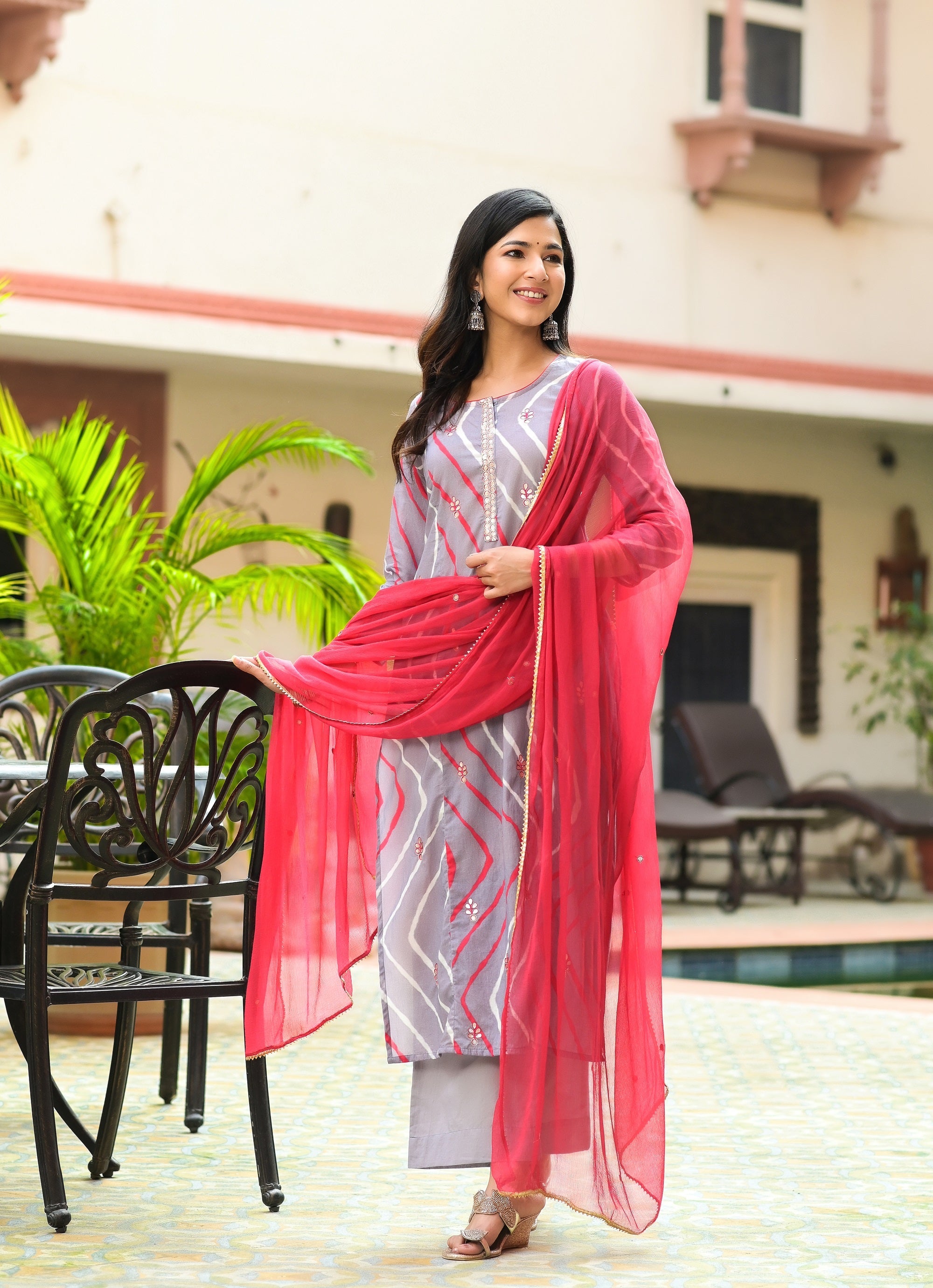 Grey Gota Leheriya Kurta Set- 3pcs