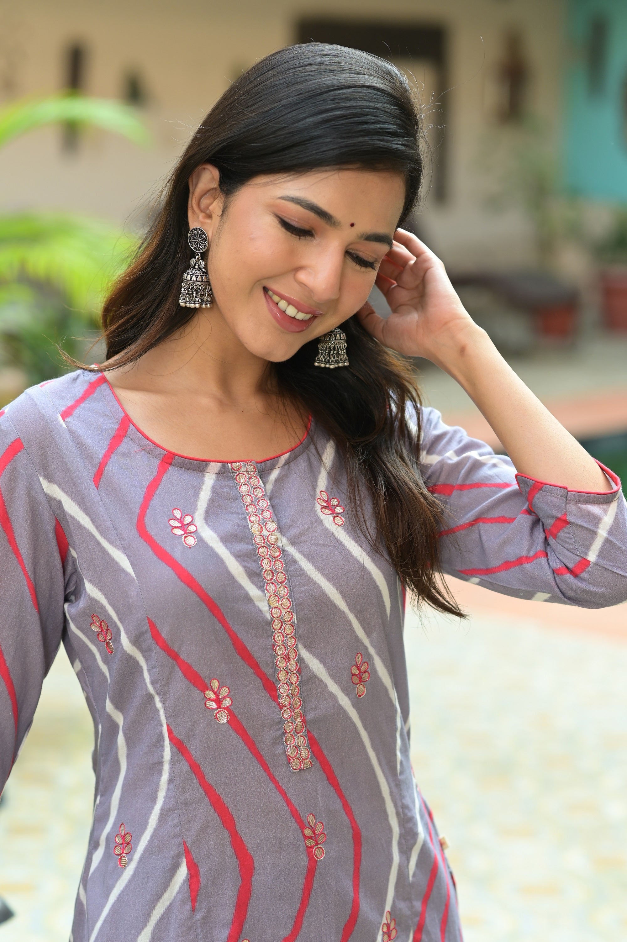 Grey Gota Leheriya Kurta