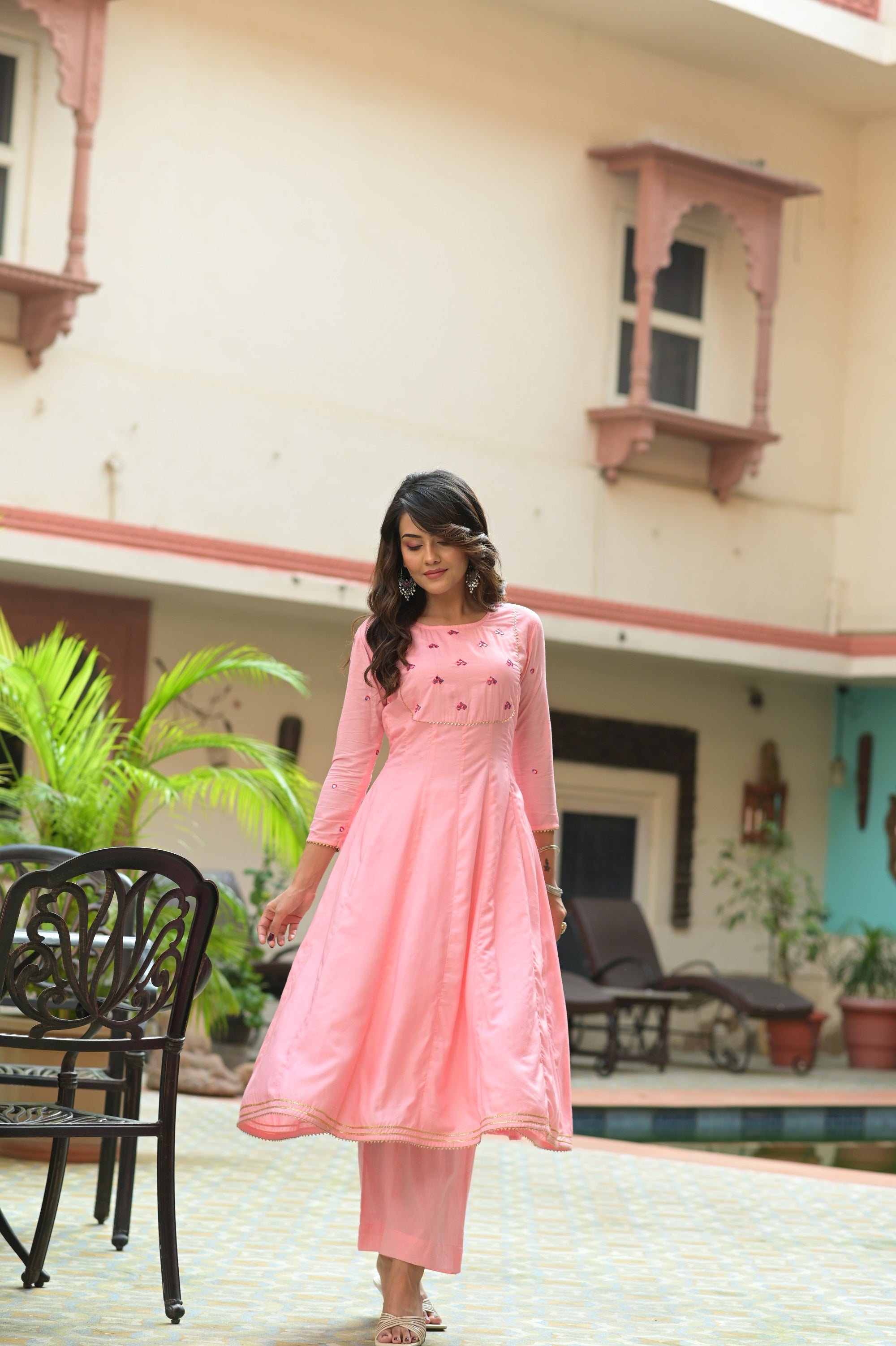 Pink Kalidar Embroidery Kurta Set-2pcs