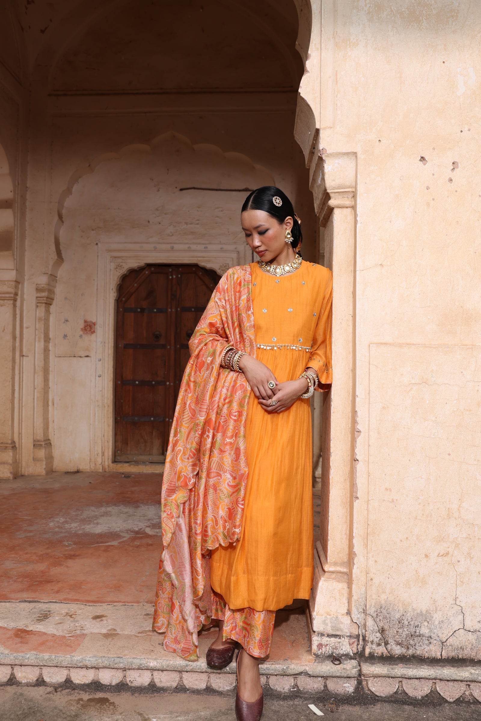 Tangerine Mul Chanderi Set