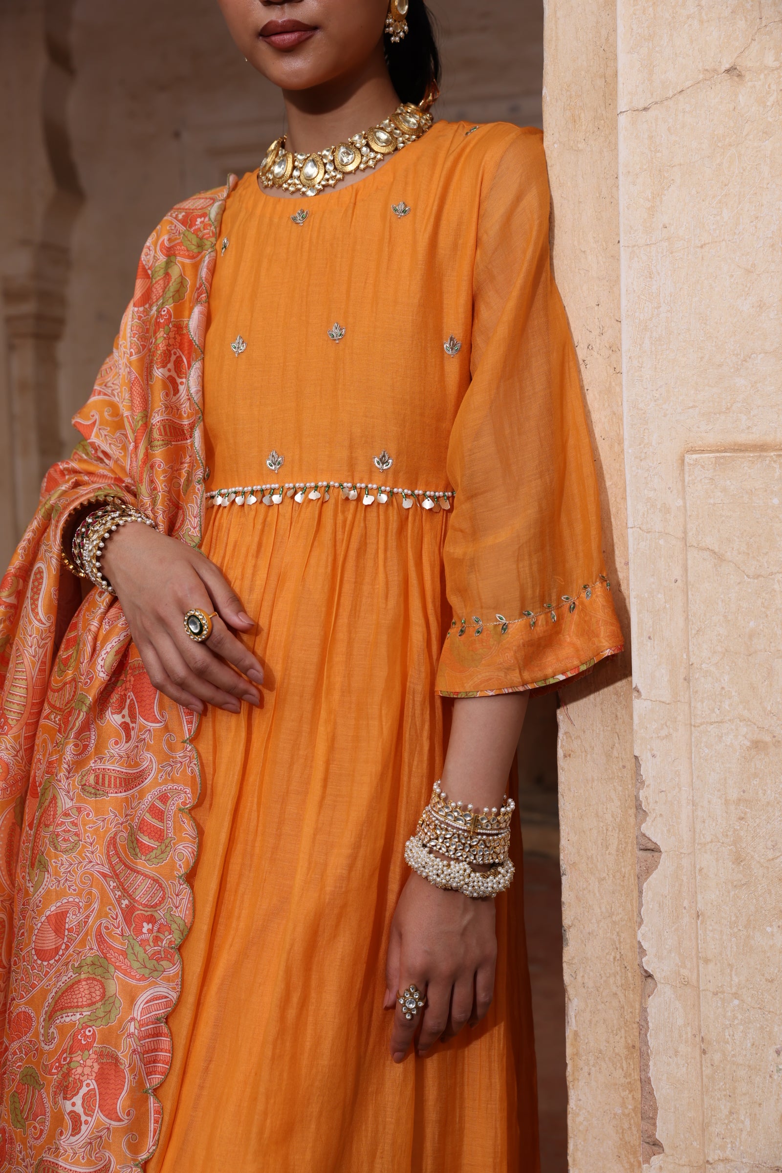 Tangerine Mul Chanderi Set
