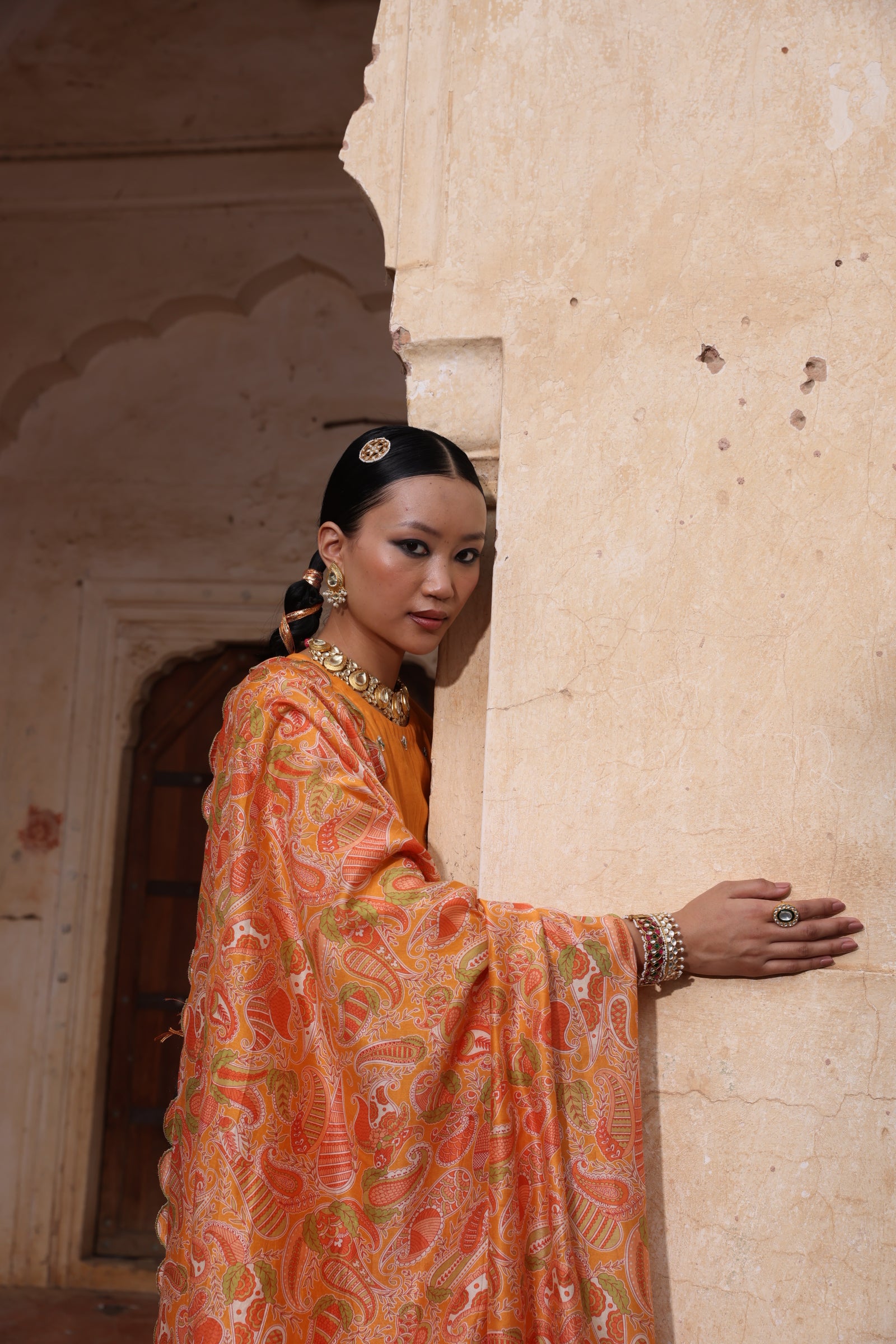 Tangerine Mul Chanderi Set