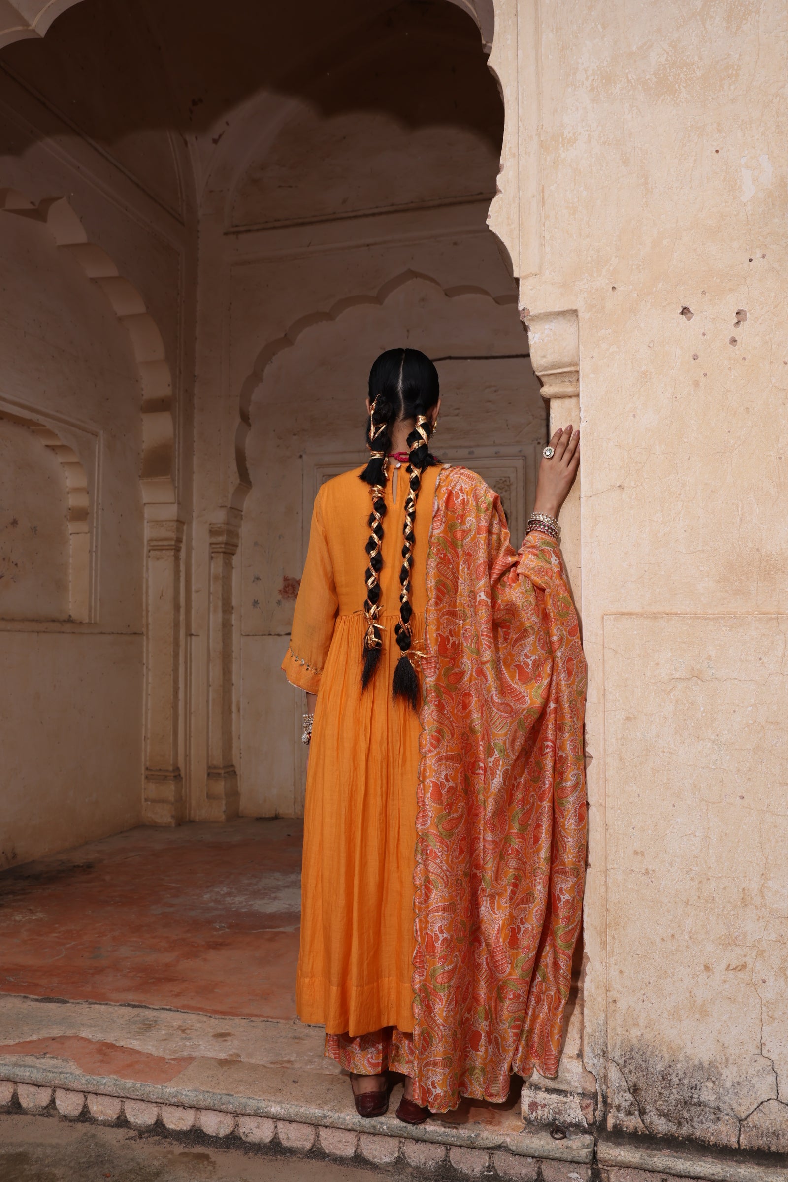 Tangerine Mul Chanderi Set