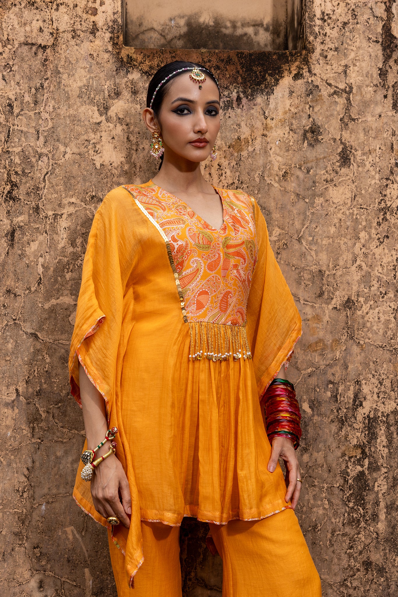 paisley tangerine short kaftan set