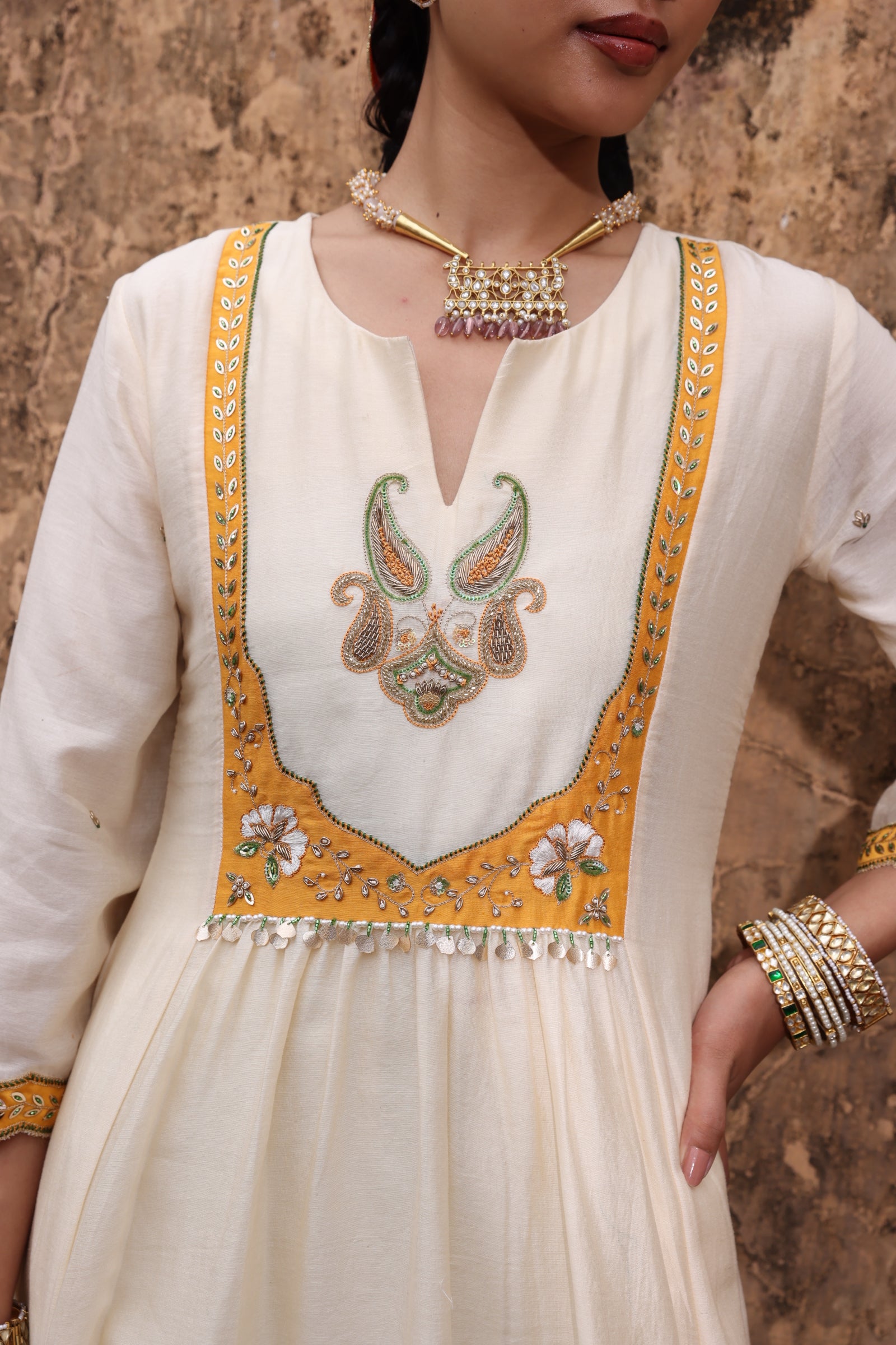 Embellished Yoke Chanderi Kurta Set