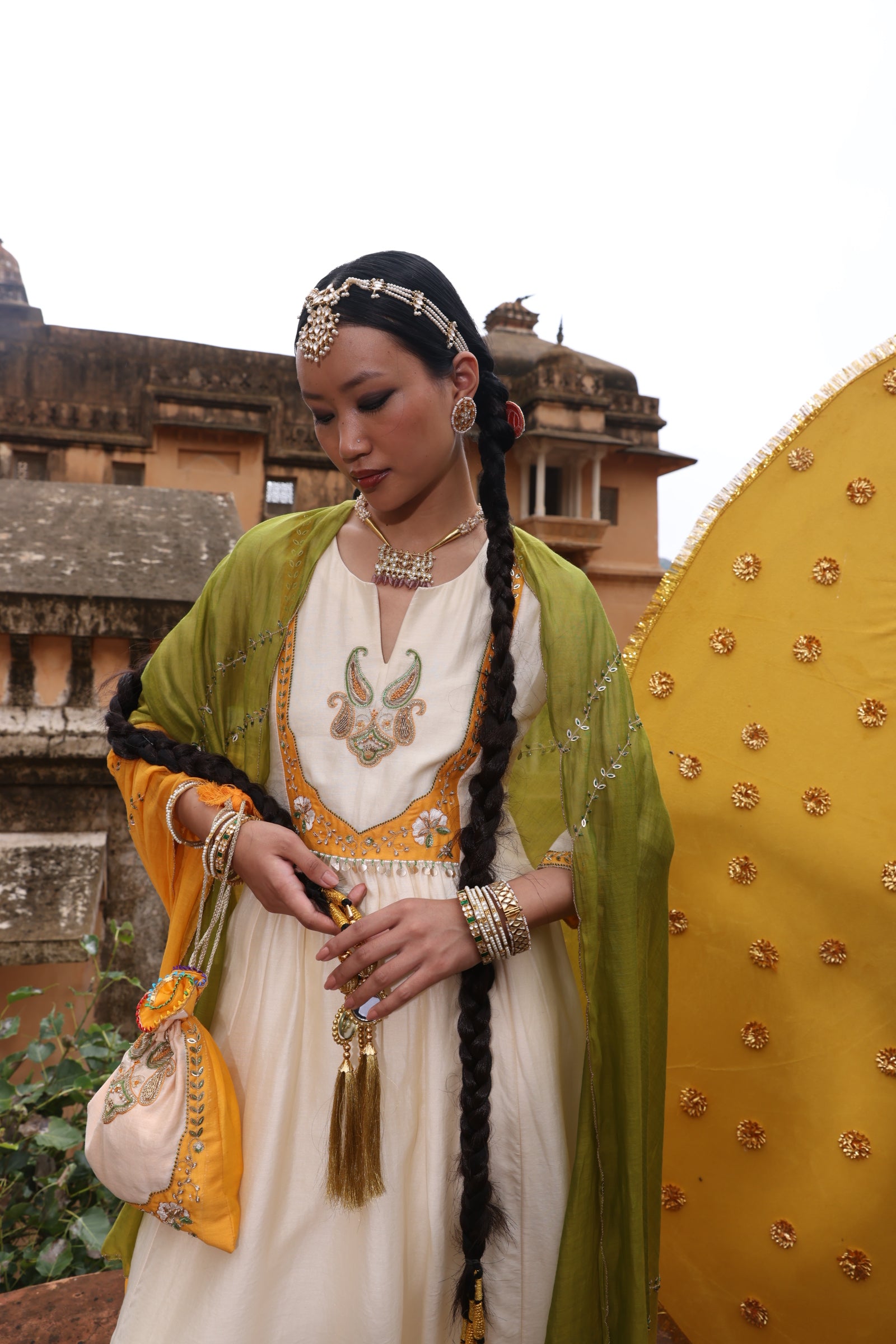 Embellished Yoke Chanderi Kurta Set