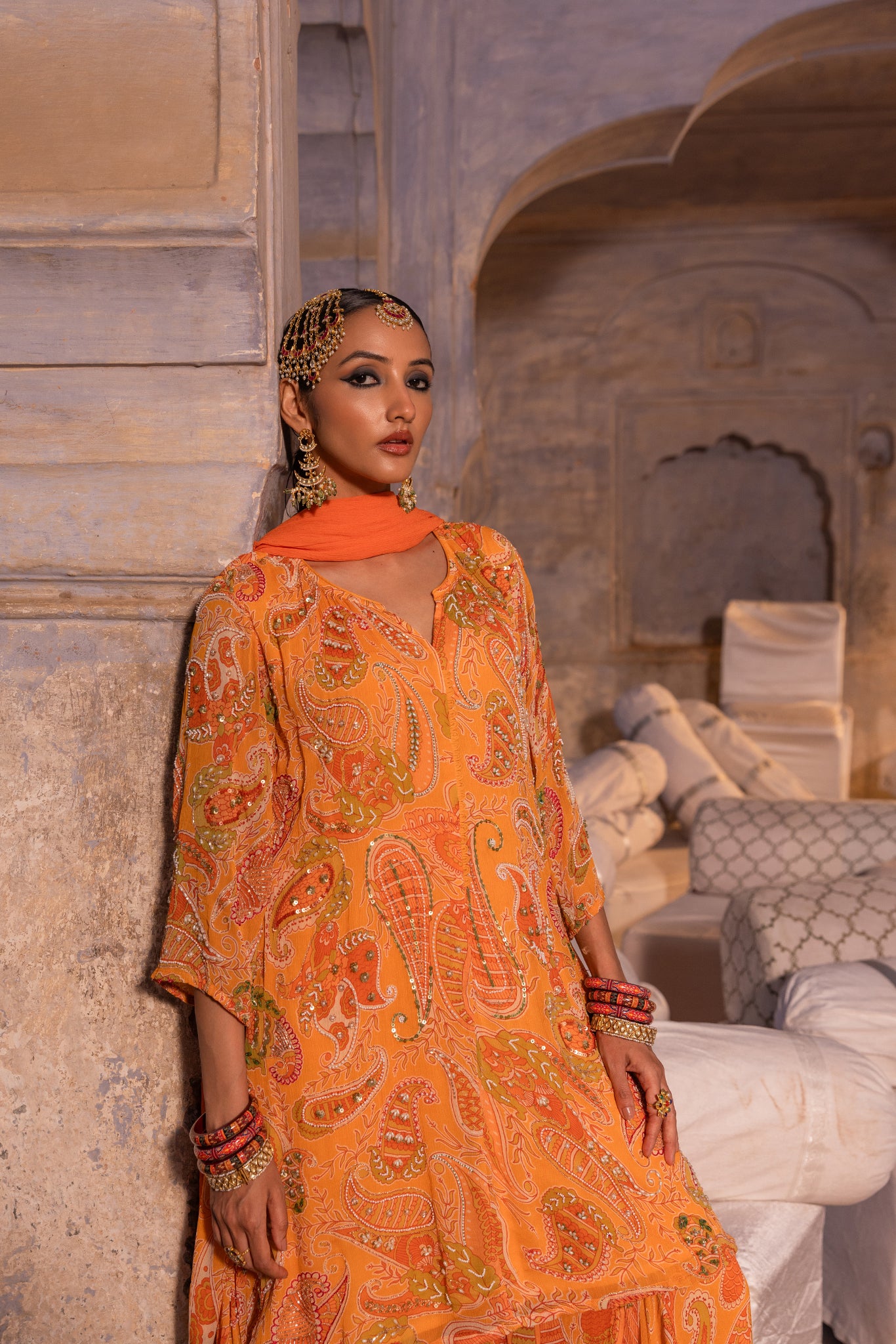 Paisley embellished sharara set- 3pcs