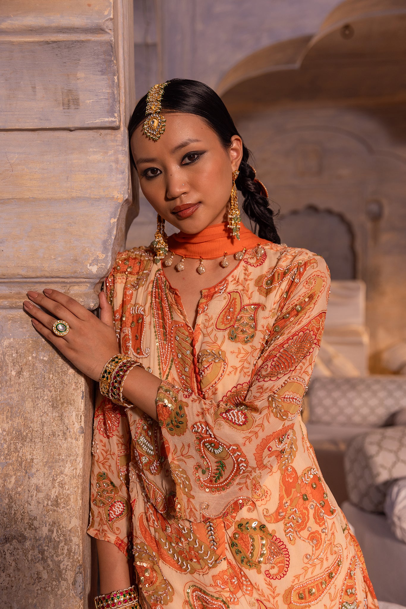 Paisley ivory embellished sharara set- 3pcs