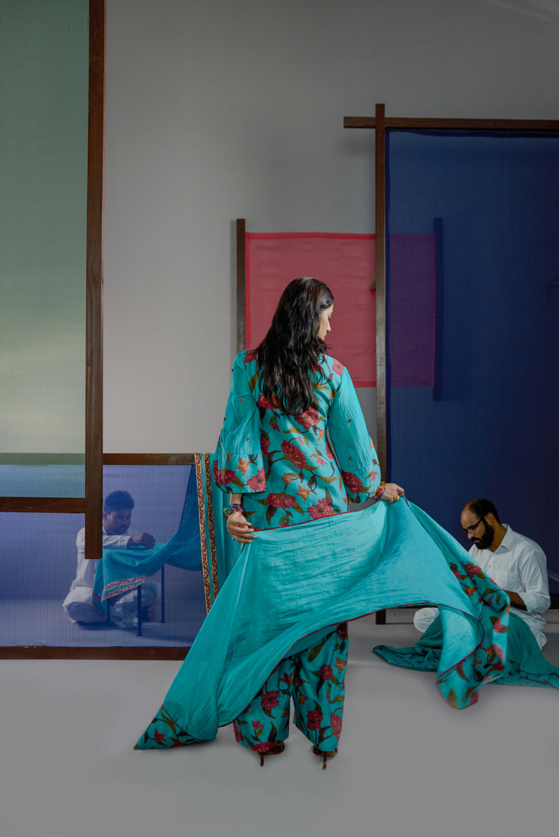 Afsana Turquoise Floral Farsi Set