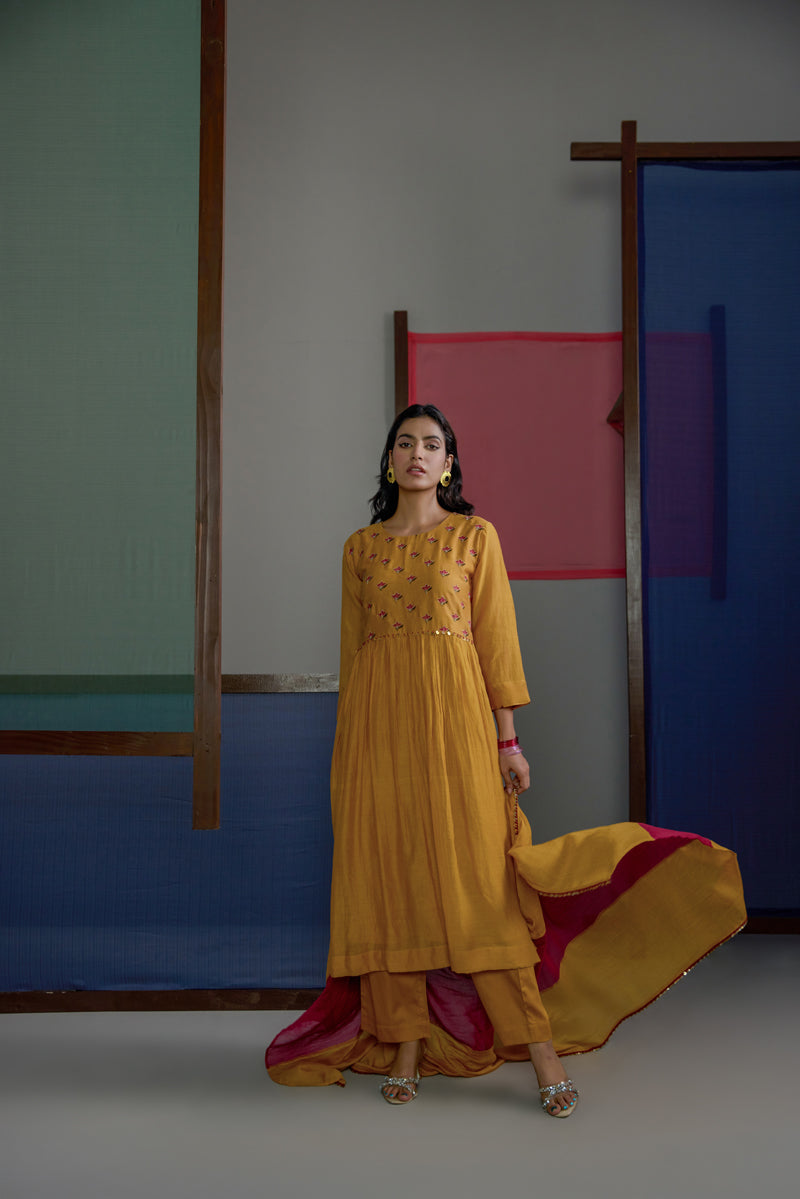 Mustard Buti Gather Kurta Set