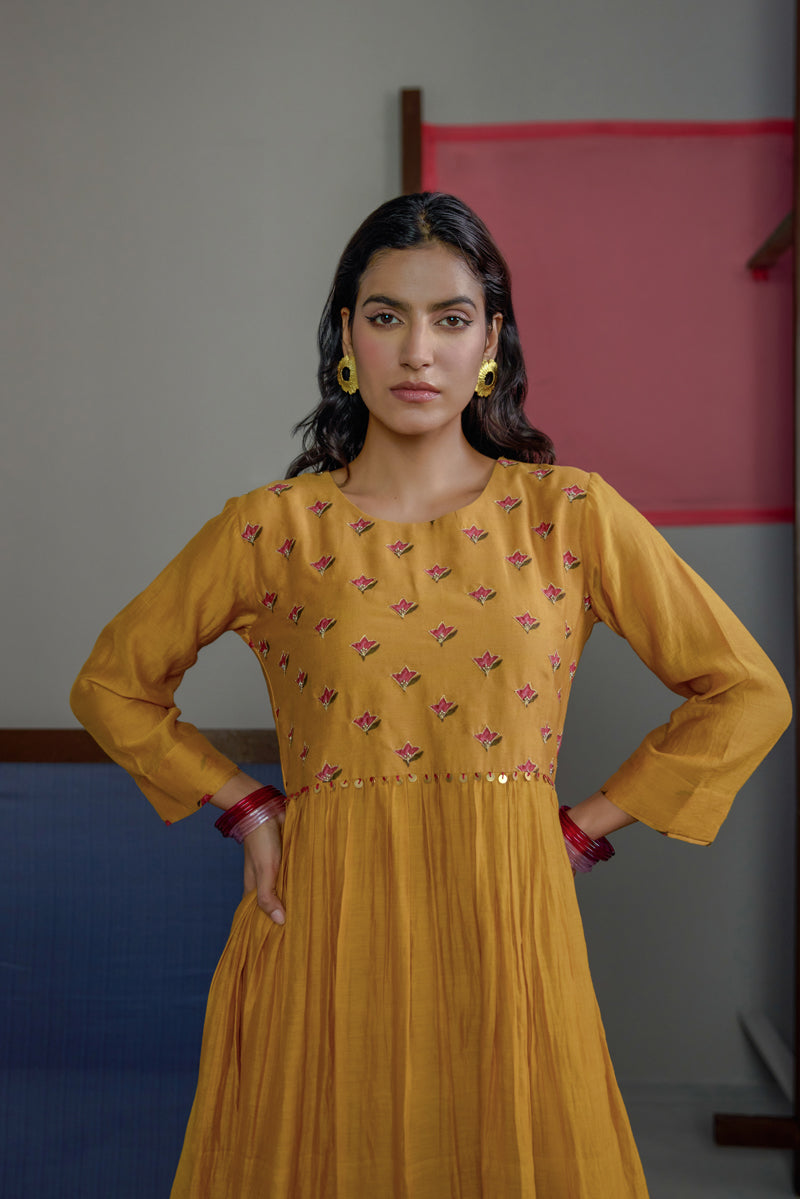 Mustard Buti Gather Kurta Set