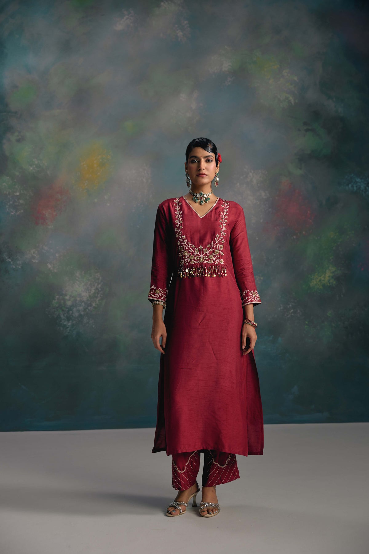 Aks Maroon Yoke Kurta Set