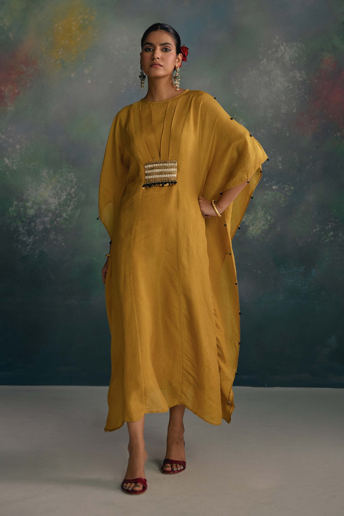 Aks Mustard Yellow Belted Kaftan