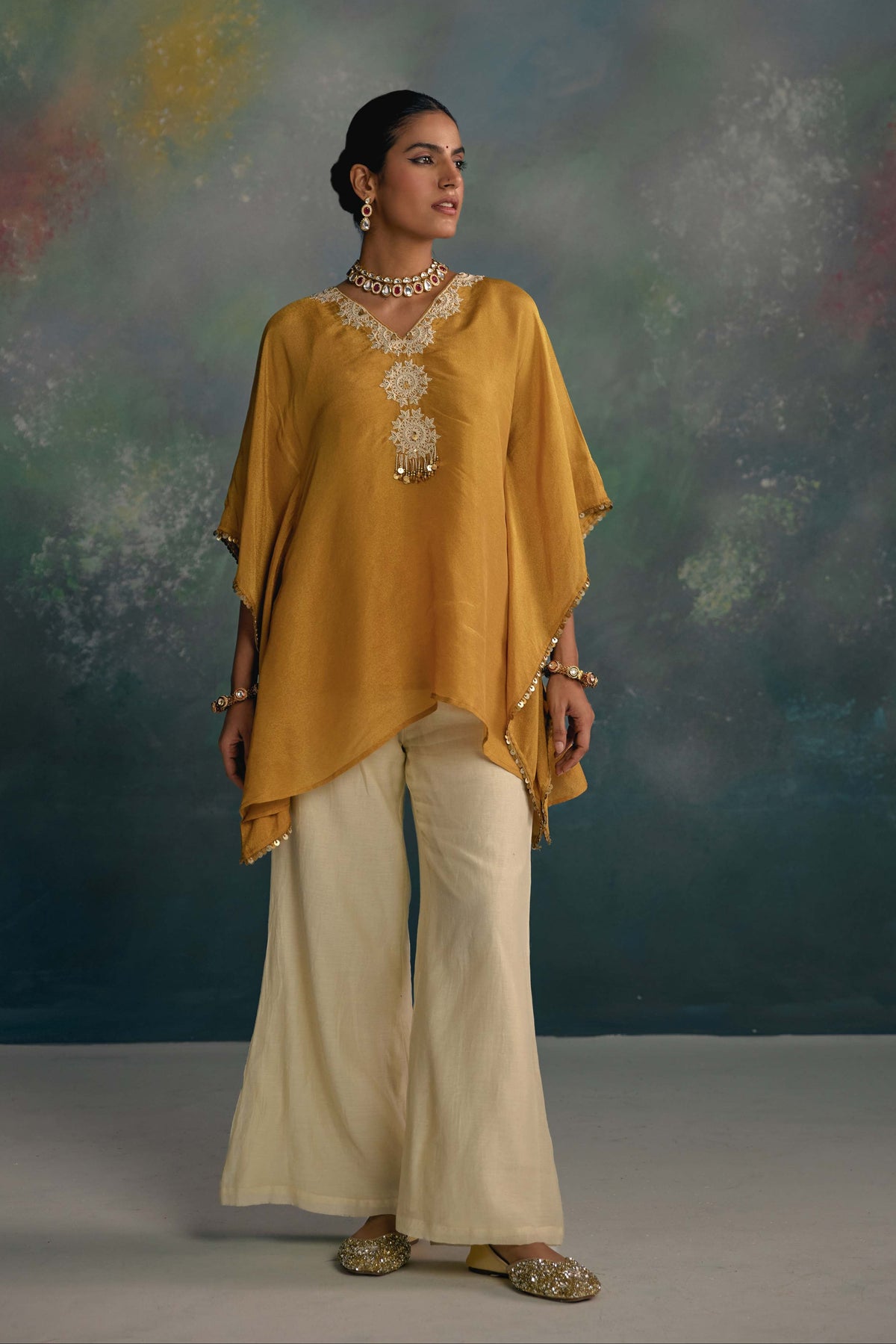 Aks Mustard Tissue Kaftan Co-ord Set