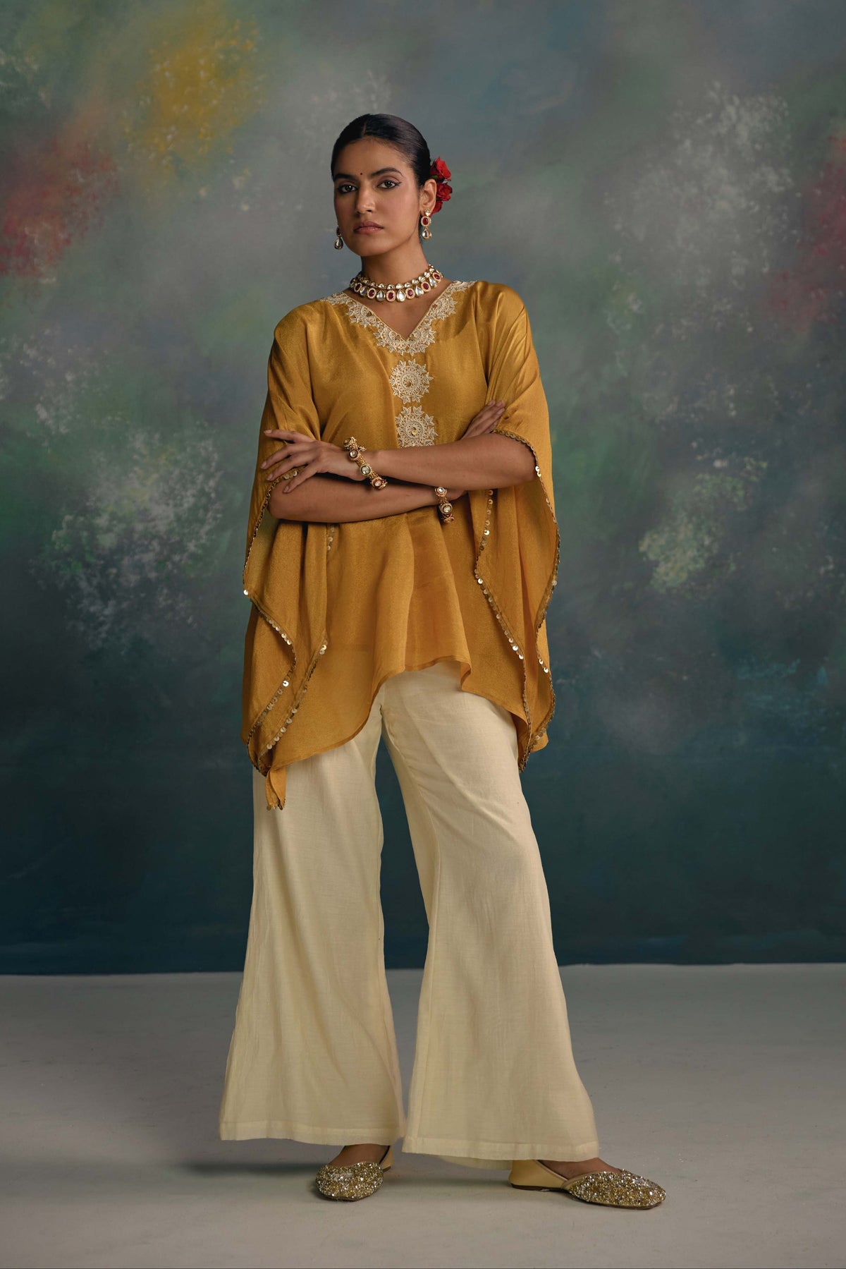 Aks Mustard Tissue Kaftan Co-ord Set