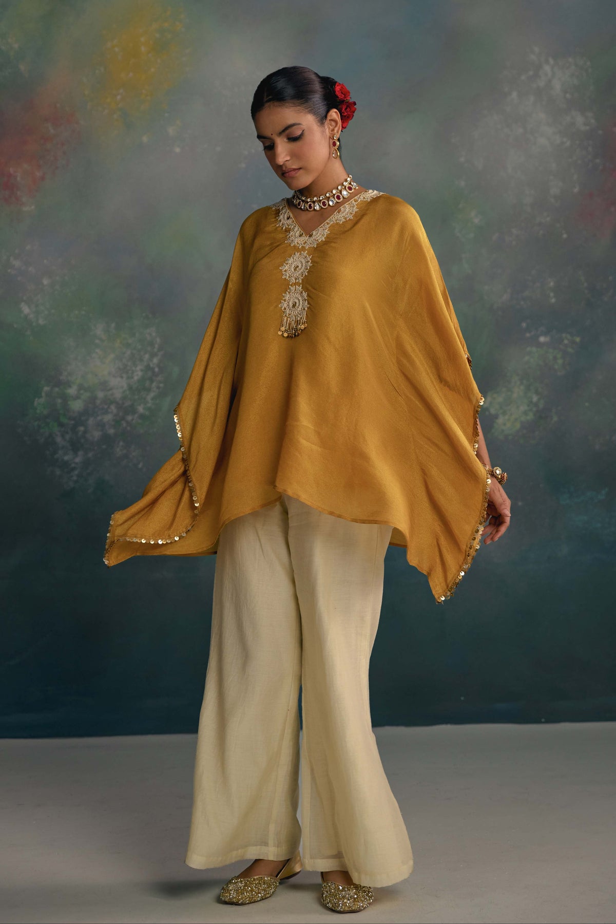 Aks Mustard Tissue Kaftan Co-ord Set