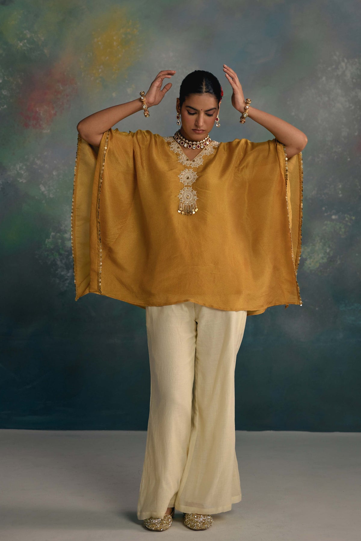 Aks Mustard Tissue Kaftan Co-ord Set