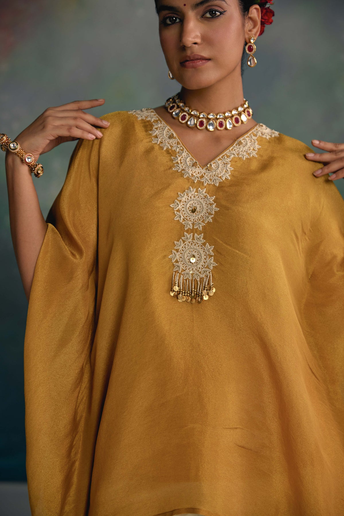 Aks Mustard Tissue Kaftan Co-ord Set