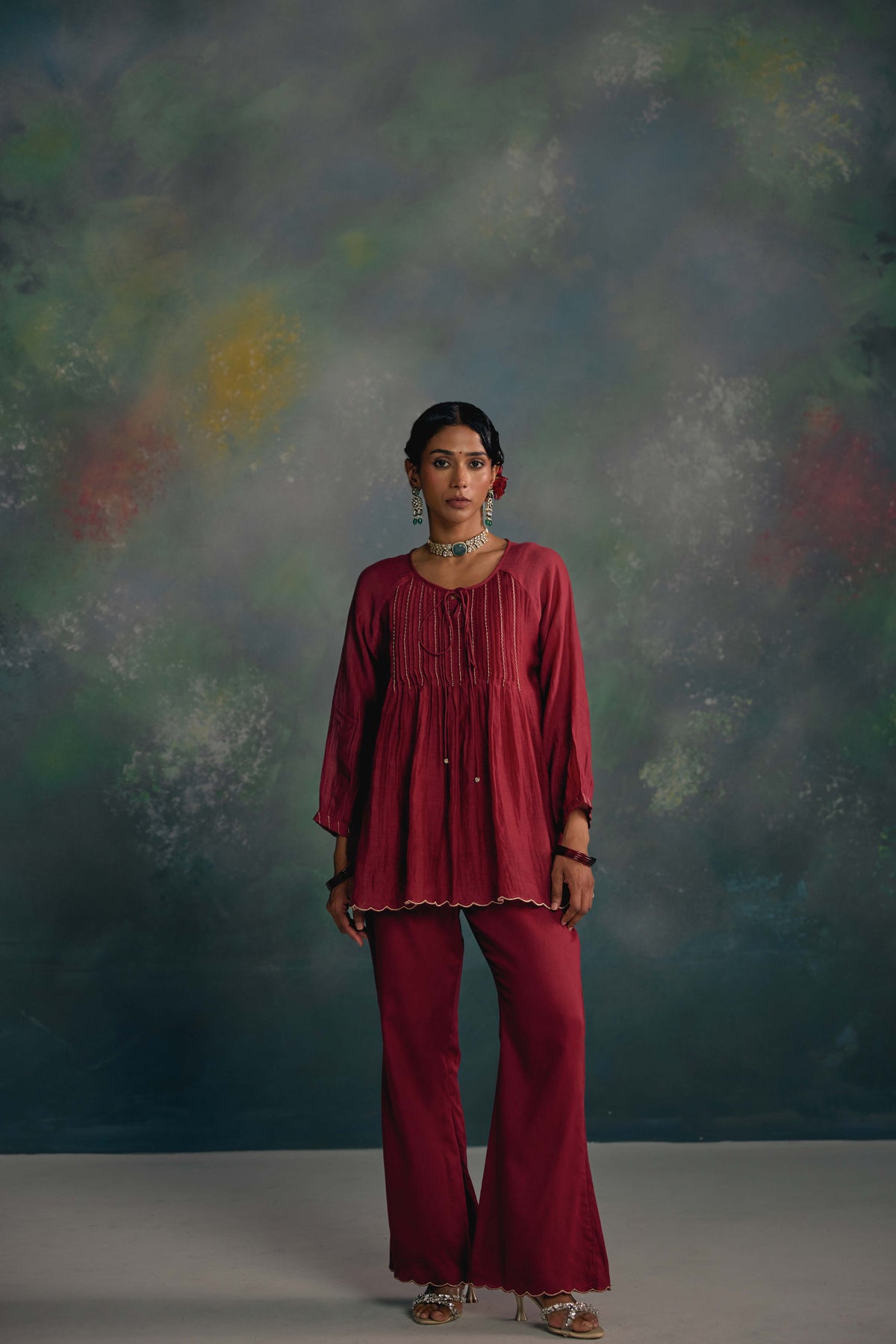 Aks Maroon Pintuck Co-ord Set