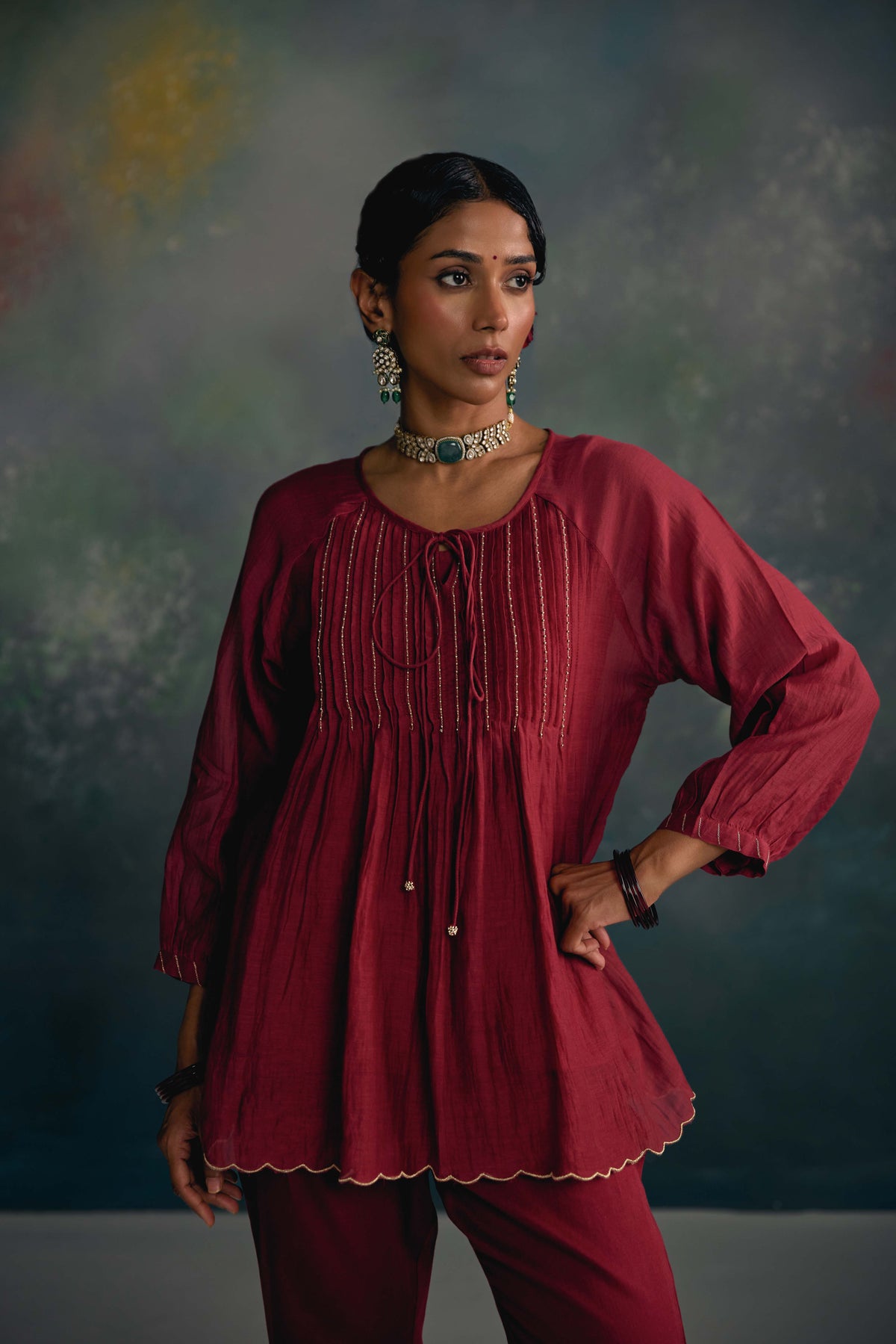 Aks Maroon Pintuck Co-ord Set