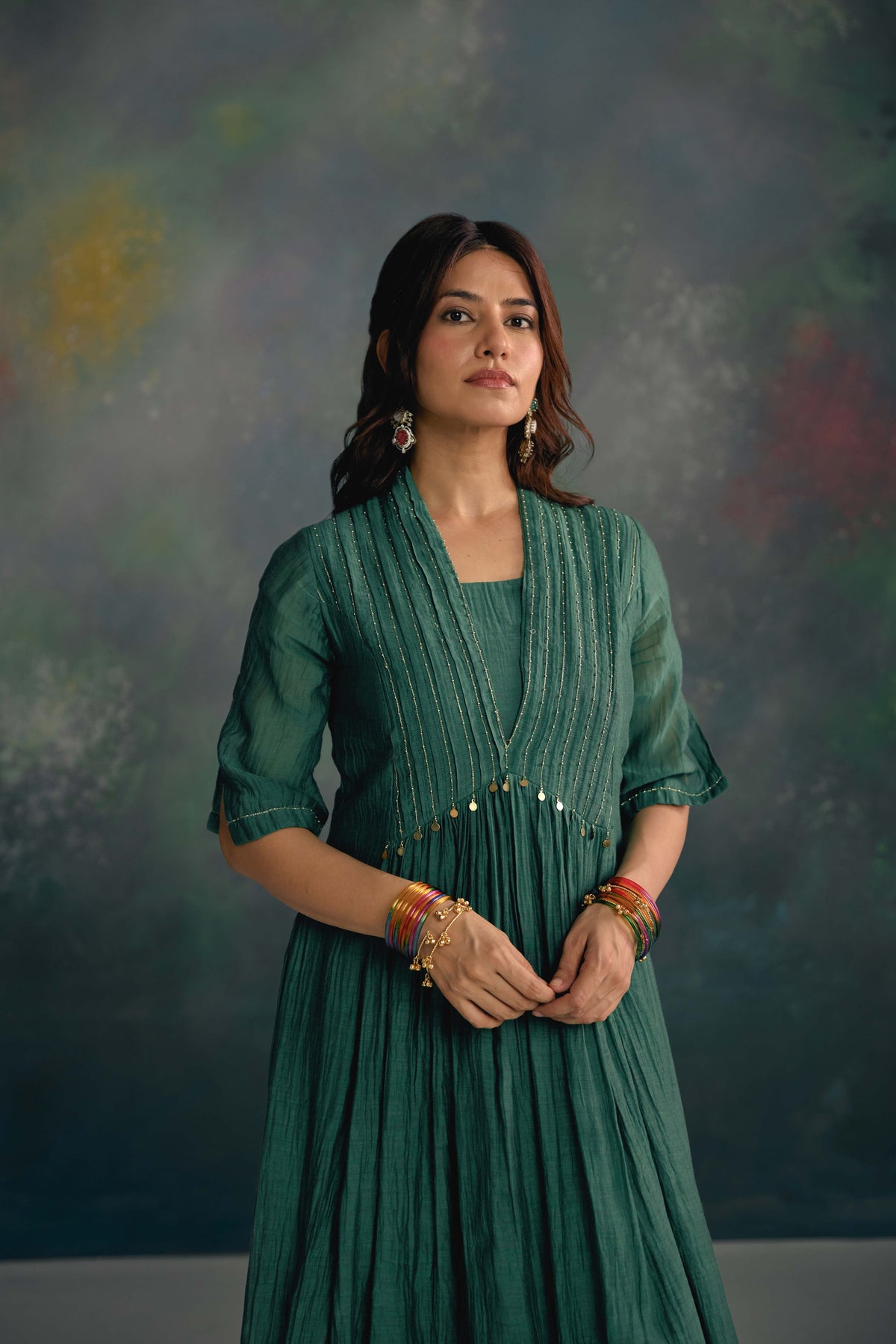 Aks Emerald Green Pleated Dress