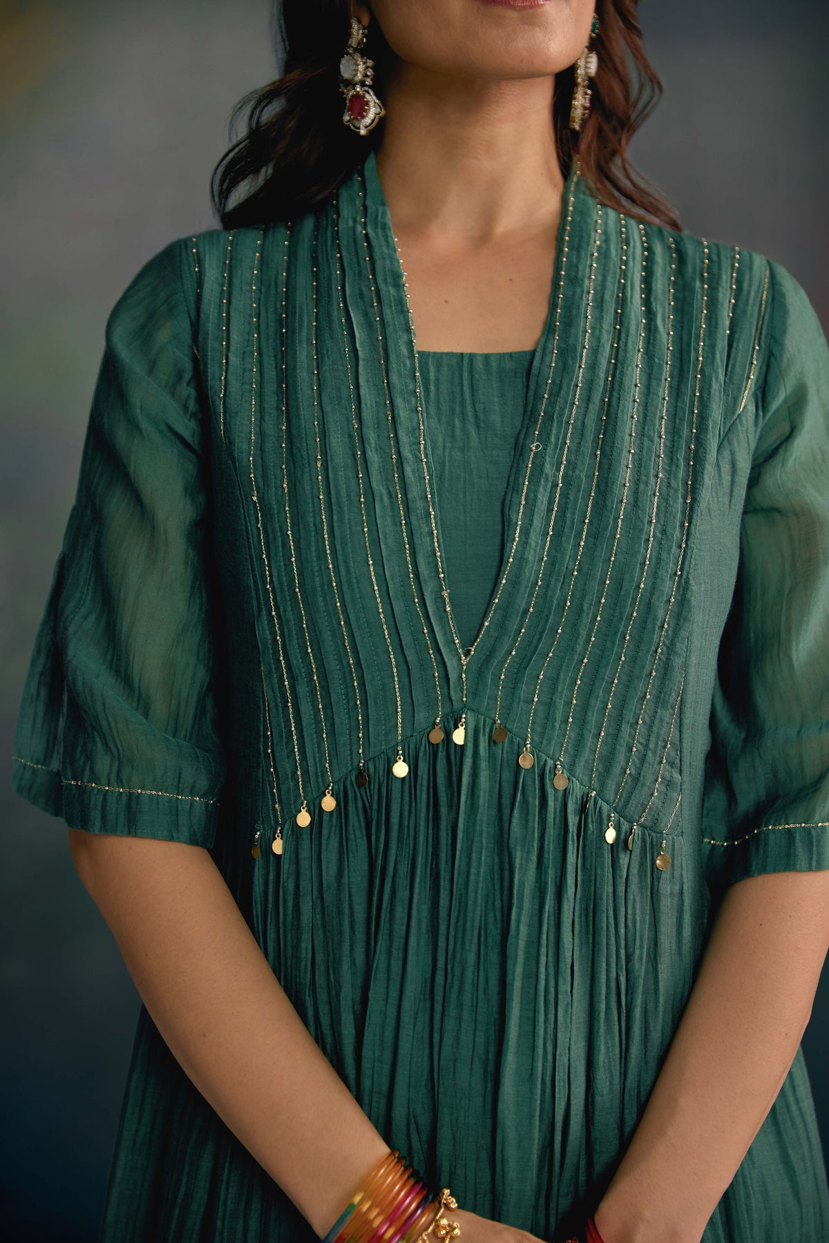 Aks Emerald Green Pleated Dress