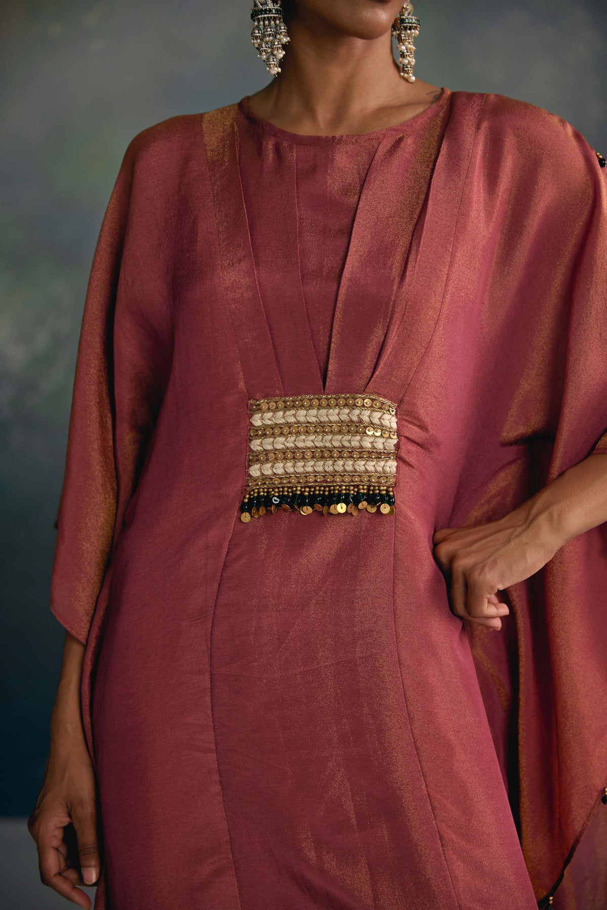 Aks Maroon Belted Kaftan