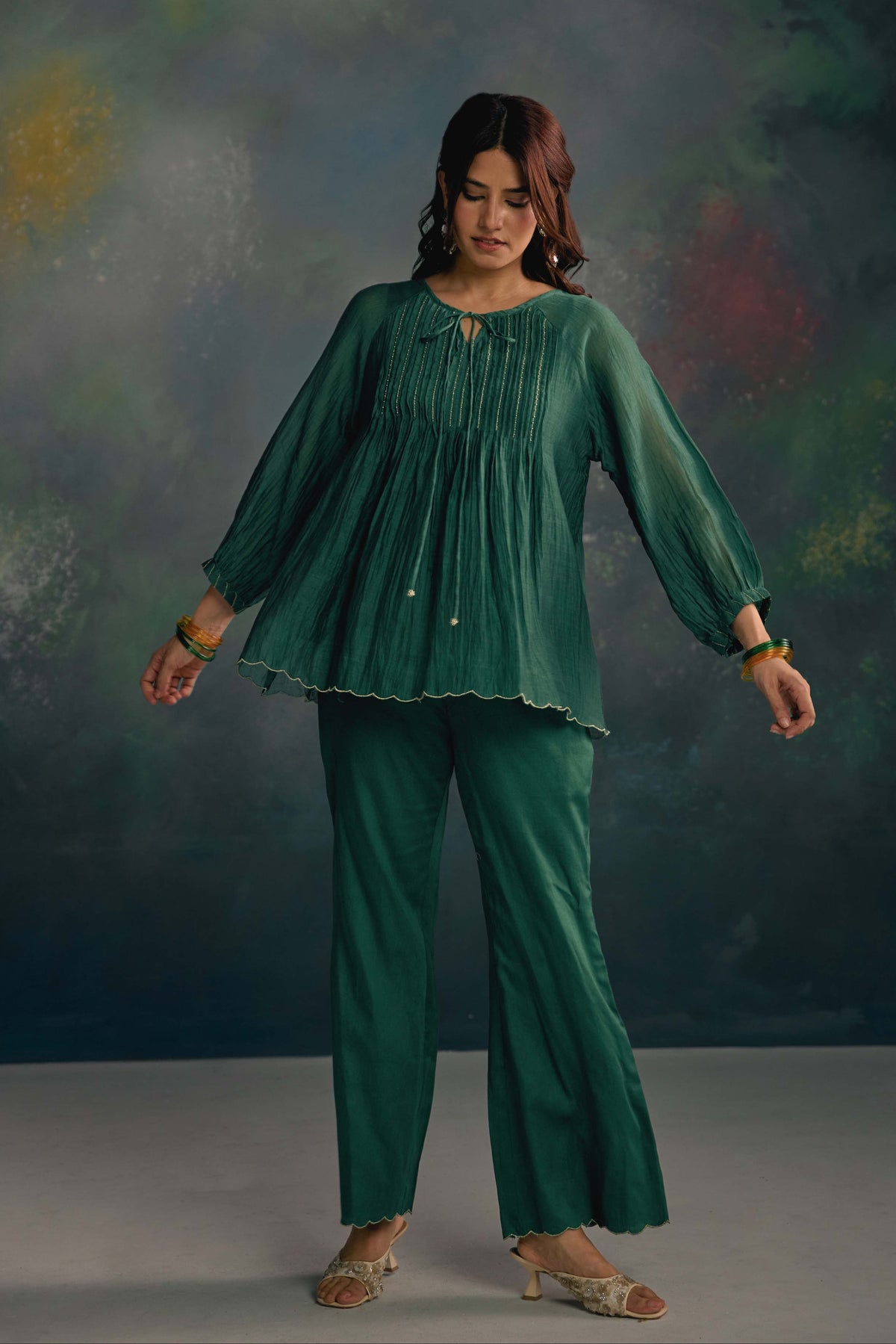 Aks Emerald Green Pintuck Co-ord Set