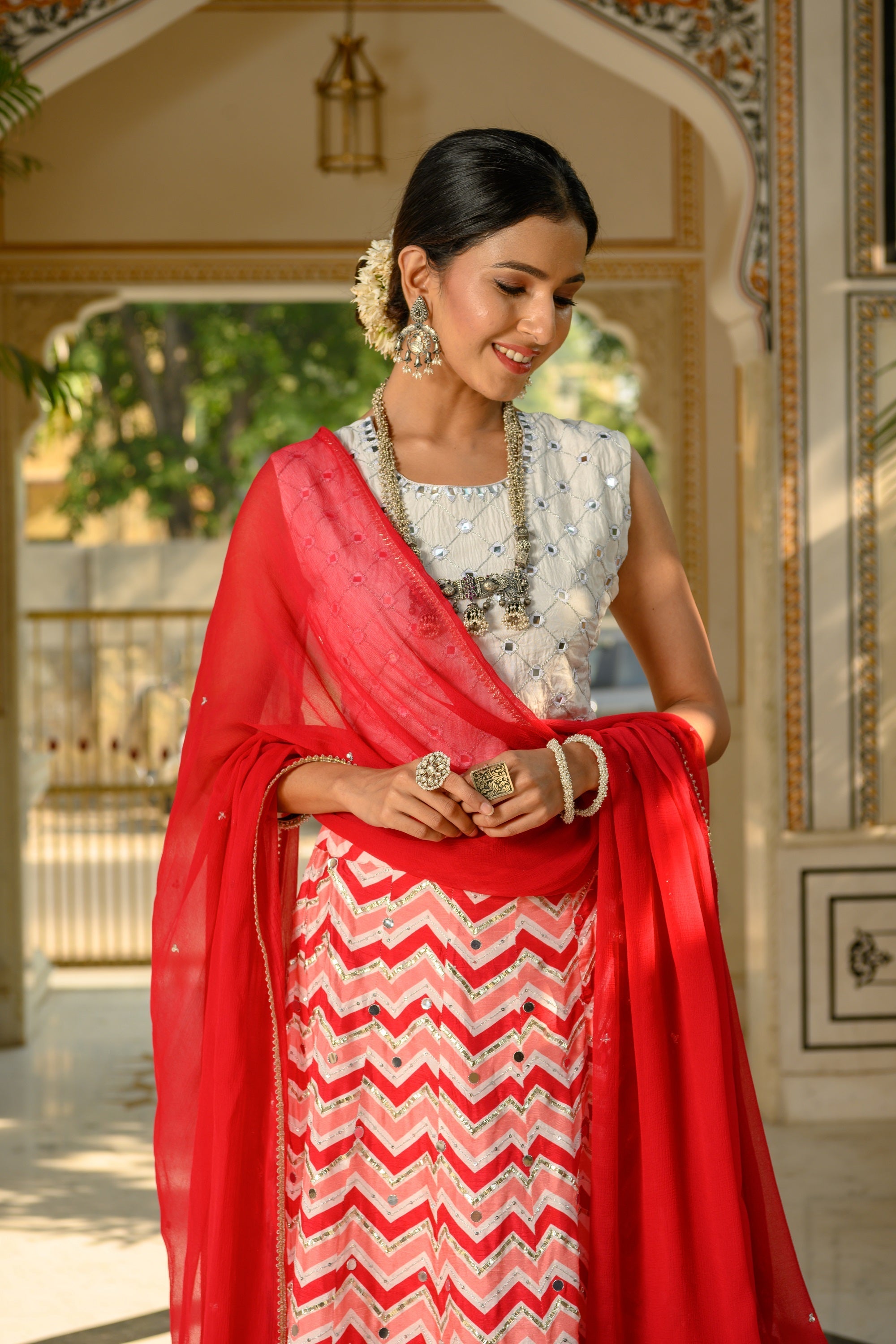 Red and Peach Skirt Set-3pcs