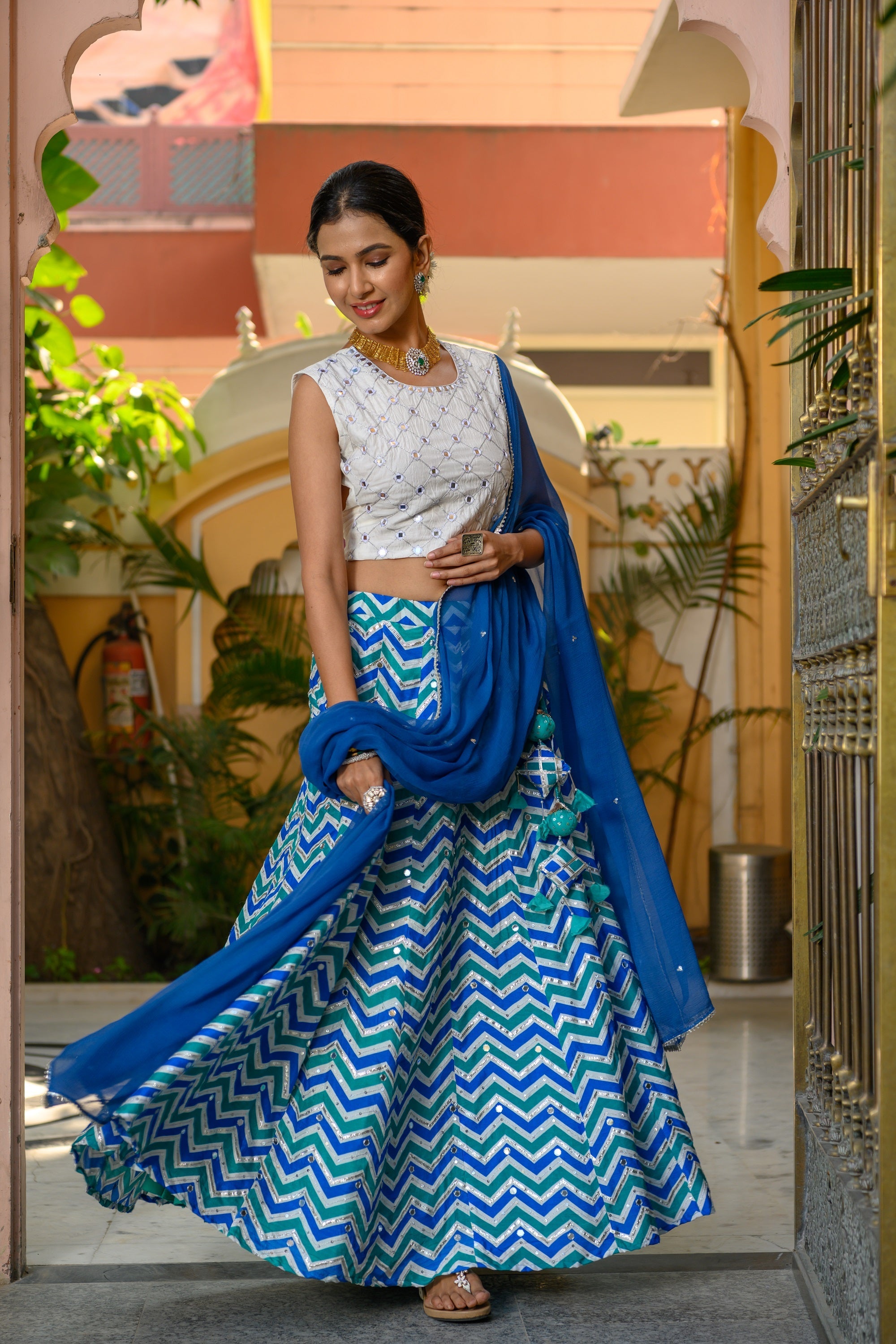 Blue Mirror Skirt Set-3pcs