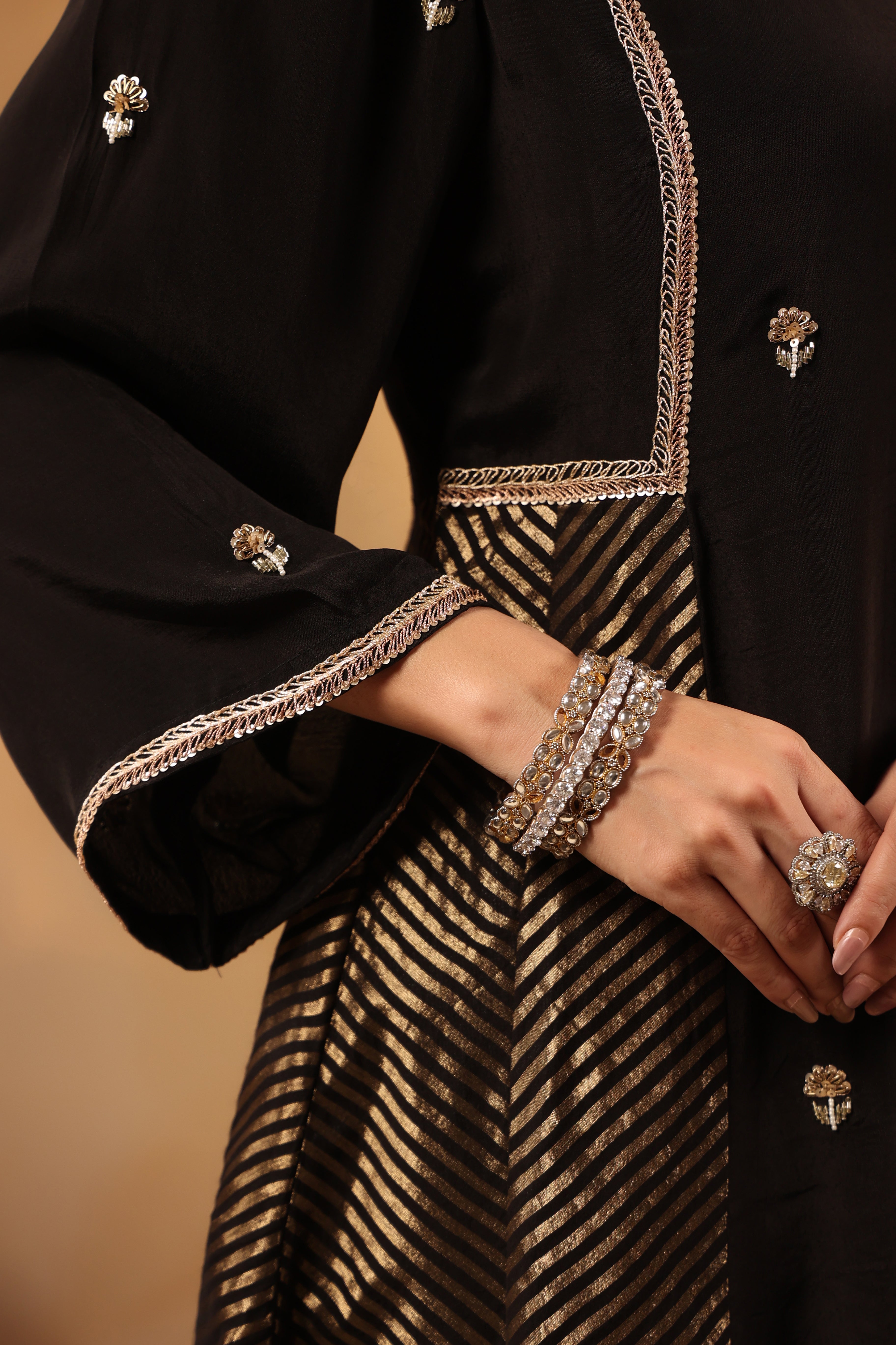 Saanjh Chevron Black Panel Kurta and Pant with Dupatta