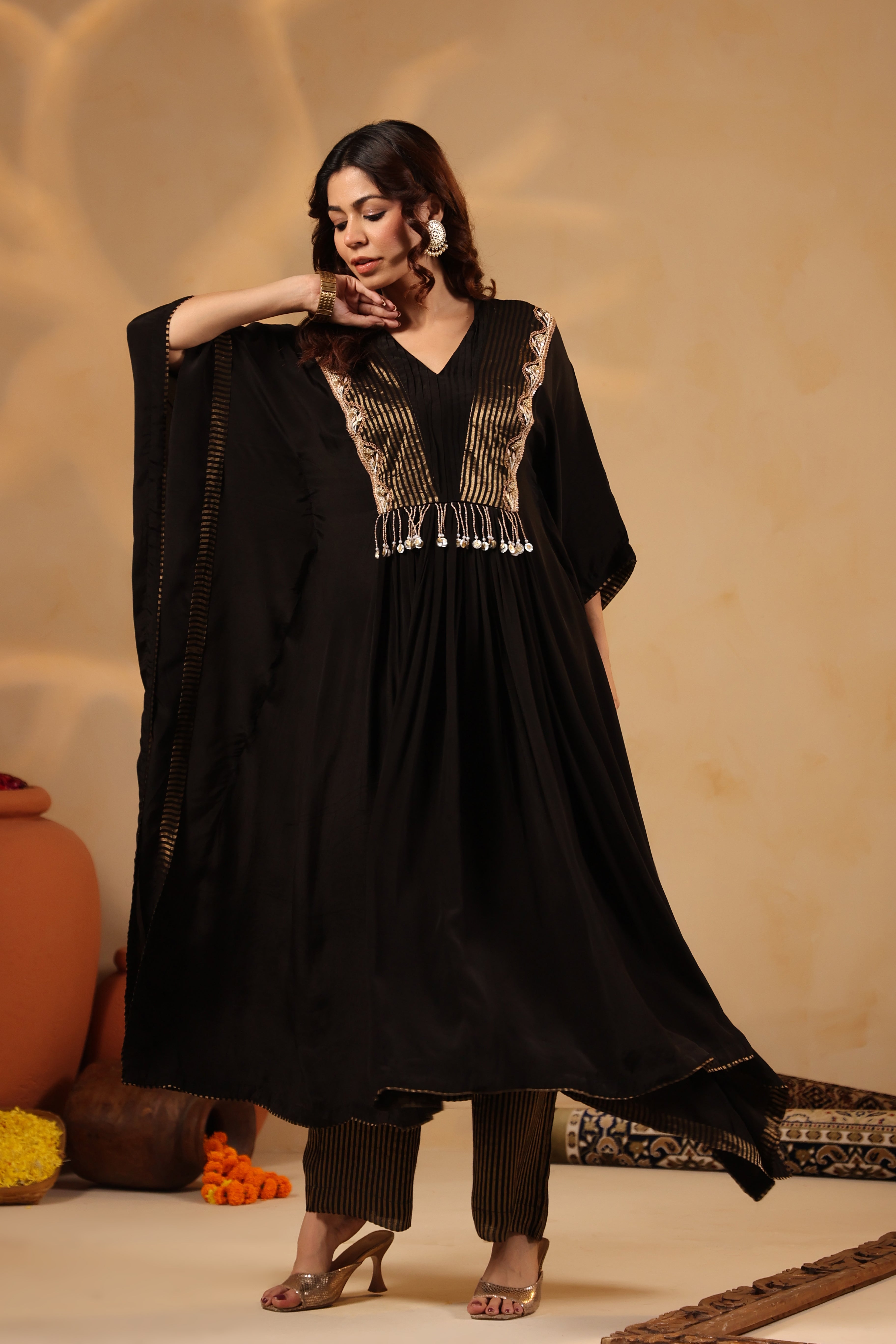 Black Embellished Kaftan with Pant Set